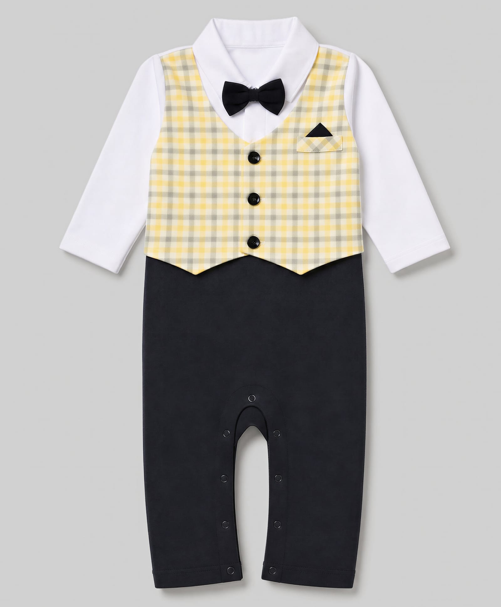 Mark & Mia Cotton Knit Full Sleeves Checked Printed Party Rompers With Bow Detailing - Yellow & Black-picture-22