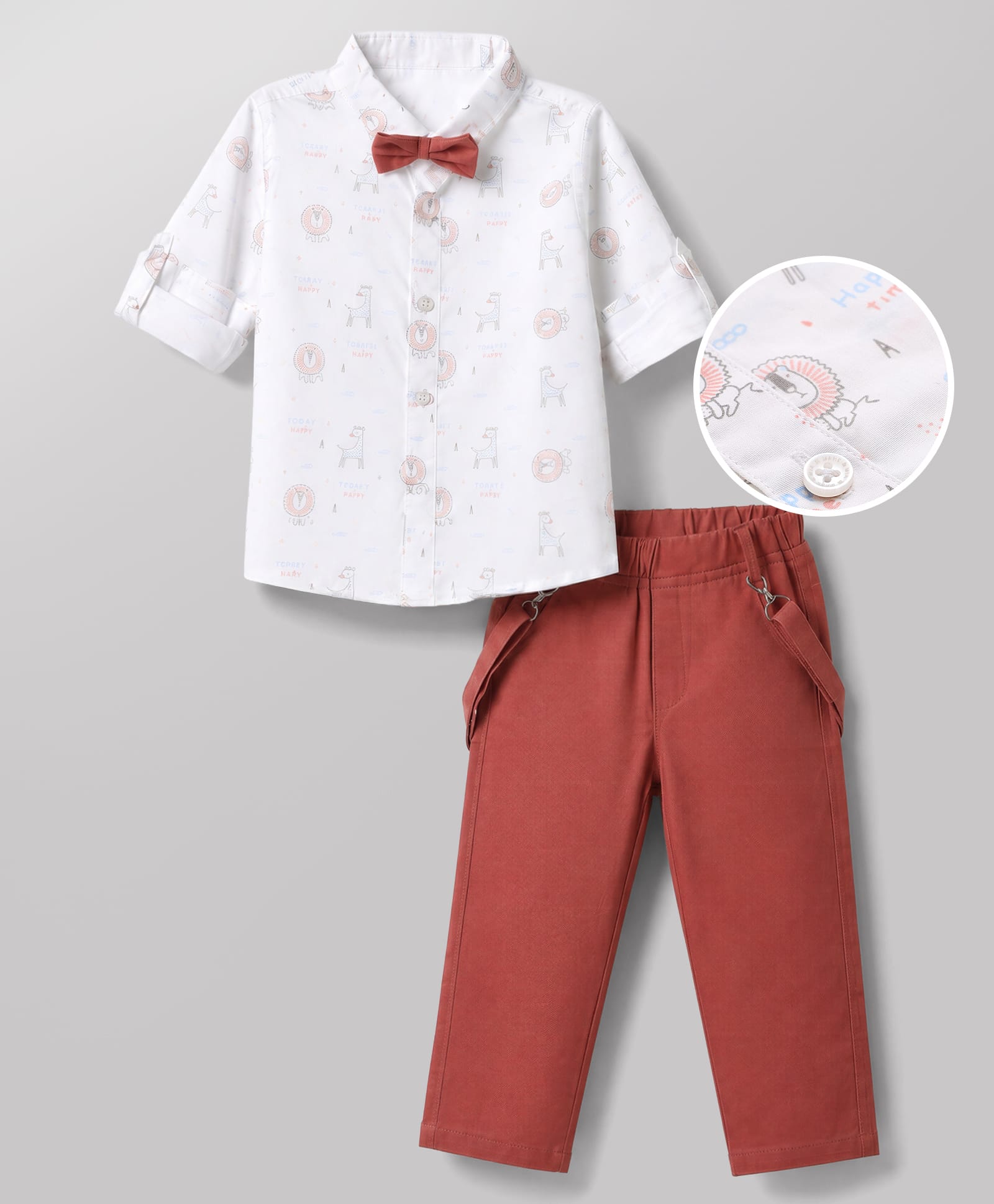 Mark & Mia Cotton Lycra Woven Full Sleeves Animal Printed Party Shirt & Trouser Set With Bow Detailing & Suspender - White & Maroon-picture-20