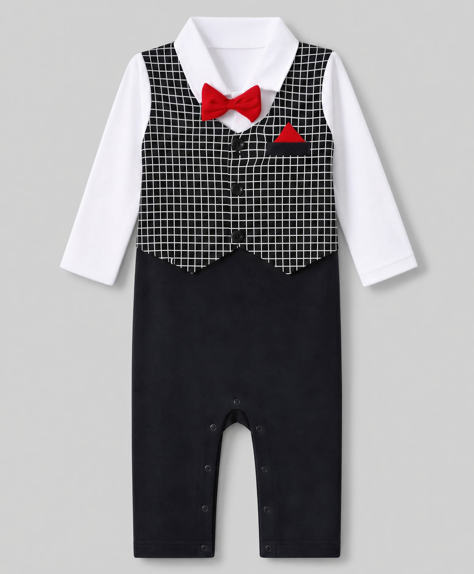 Mark & Mia Cotton Knit Full Sleeves Checked Printed Party Rompers With Bow Detailing - White & Black-picture-32