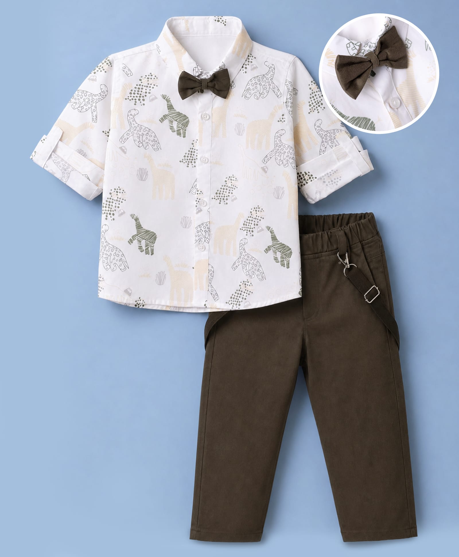 Mark & Mia Cotton Lycra Woven Full Sleeves Animal Printed Party Shirt & Trouser Set With Bow Detailing - White & Brown-picture-22