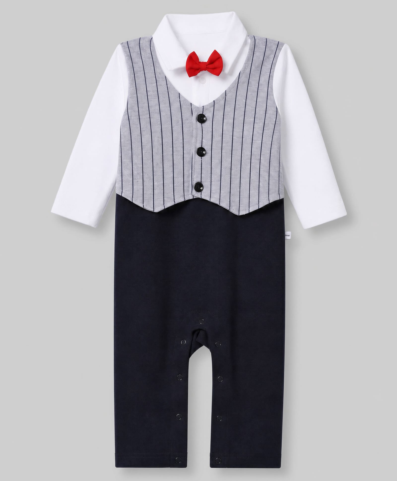 Mark & Mia Cotton Knit Full Sleeves Striped Printed Party Rompers With Bow Detailing - White & Black-picture-25