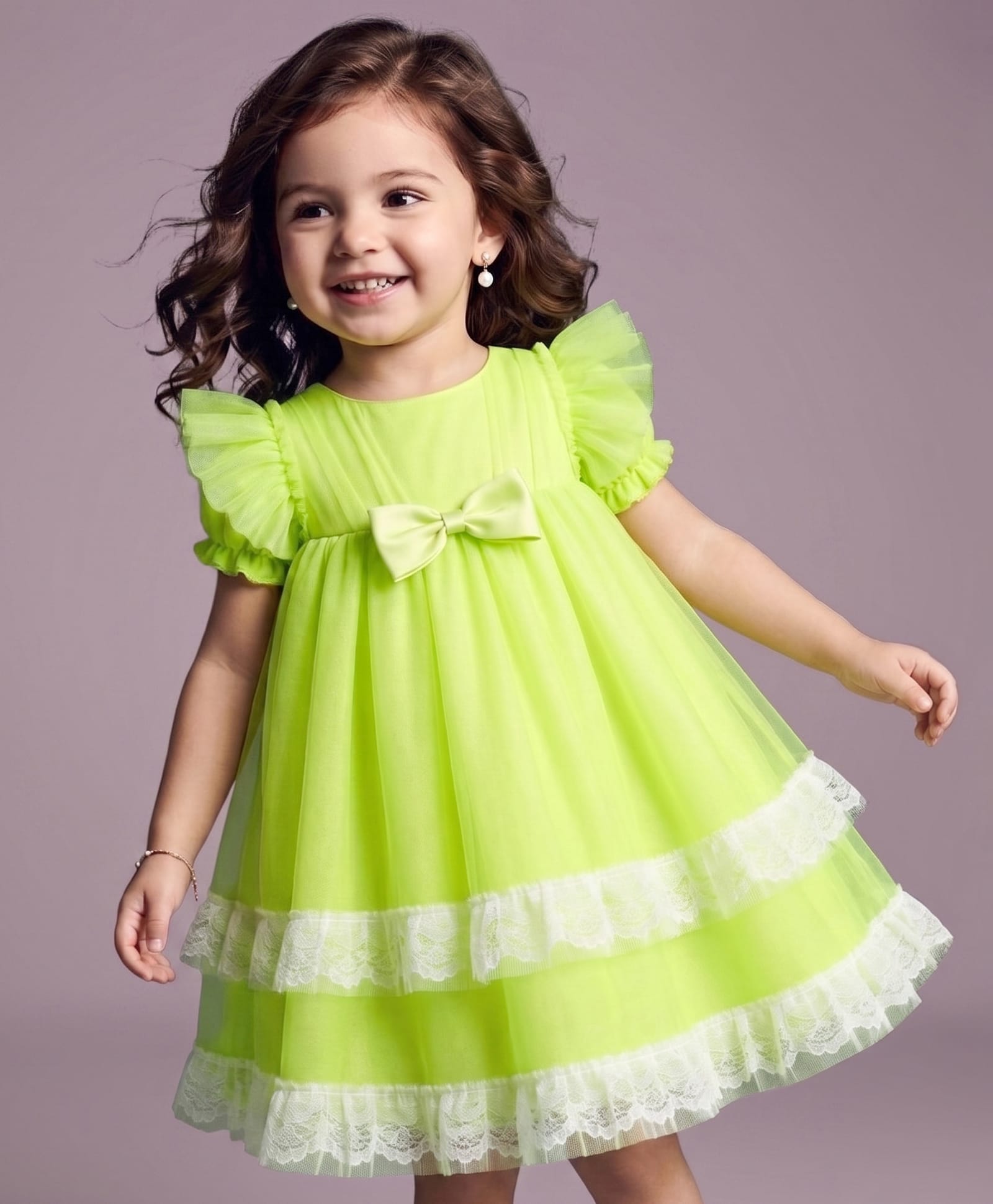Babyhug Solid Mesh Woven and Lace Puff Sleeves Party Dress with Bow Applique - Green-image-10