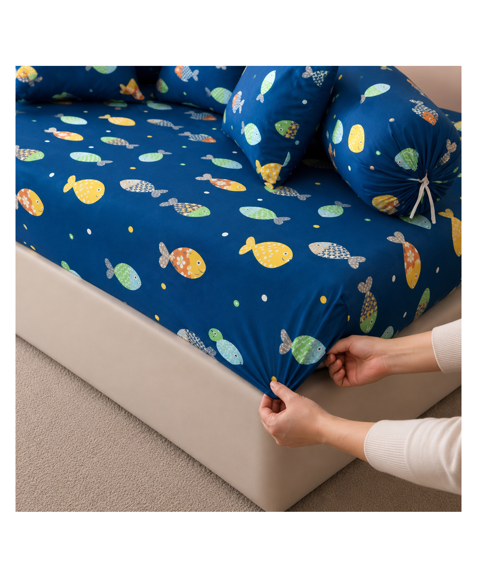 Filymore Cute Fish Kids Fitted Diwan Set 8 Pieces Blue Microfiber Diwan Bedsheet Set with 5 Cushion Covers & 2 Bolster Covers , Soft & Comfortable Cartoon Fish Print Diwan Cover Set for Kids Room-image-14