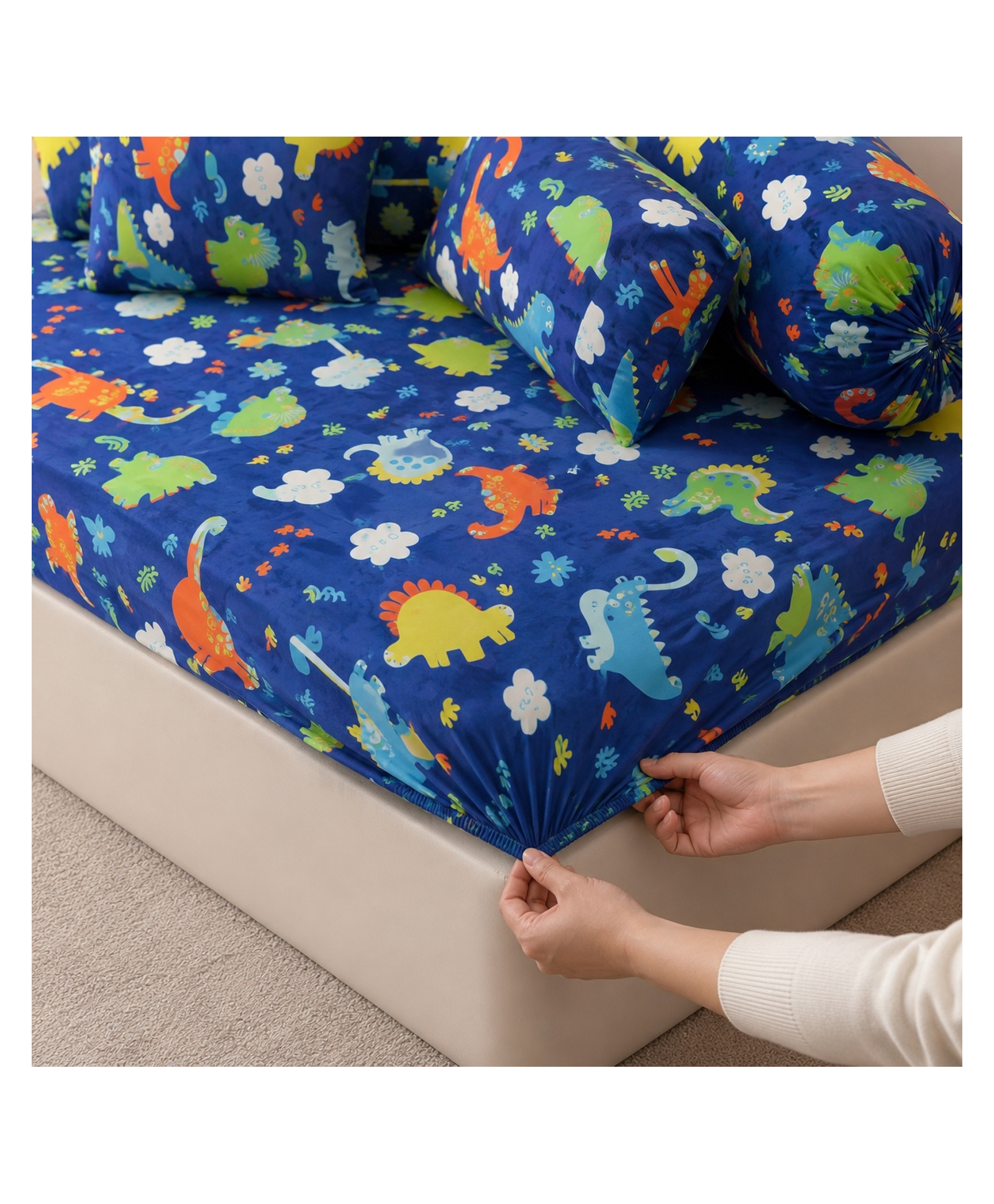 Filymore Blue Dinosaur Kids Fitted Diwan Set 8 Pieces Microfiber Diwan Bedsheet Set with 5 Cushion Covers & 2 Bolster Covers , Soft Cartoon Dinosaur Print Diwan Cover Set for Kids Room-image-2