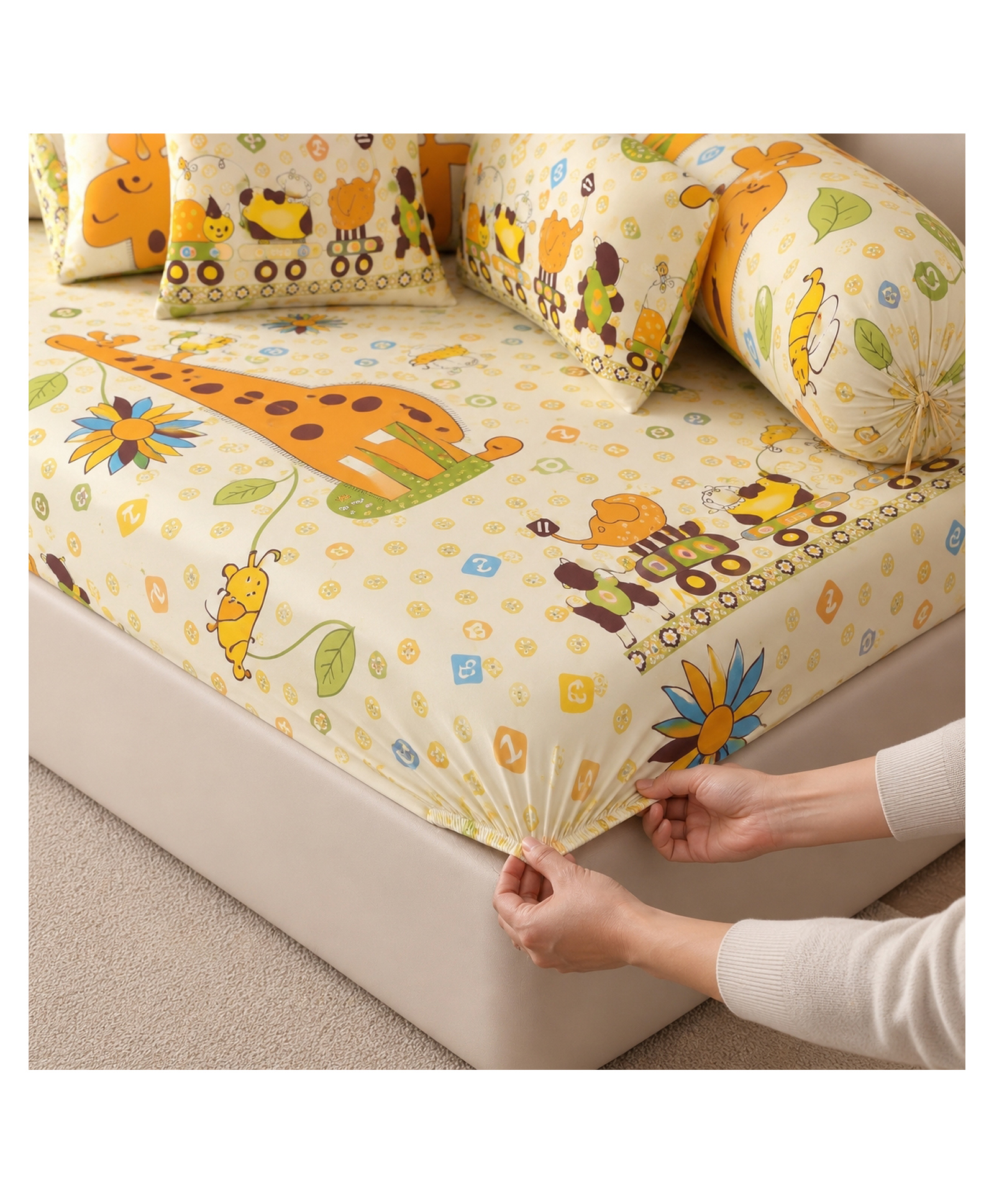 Filymore Yellow Giraffe Kids Fitted Diwan Set 8 Pieces Microfiber Diwan Bedsheet Set with 5 Cushion Covers & 2 Bolster Covers , Soft Cartoon Giraffe Print Diwan Cover Set for Kids Room-image-12