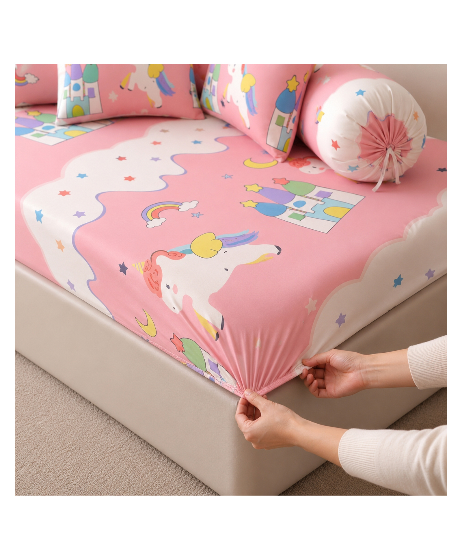 Filymore Pink Star Unicorn Kids Fitted Diwan Set 8 Pieces Microfiber Diwan Bedsheet Set with 5 Cushion Covers & 2 Bolster Covers , Soft Unicorn Print Diwan Cover Set for Girls Room-image-3