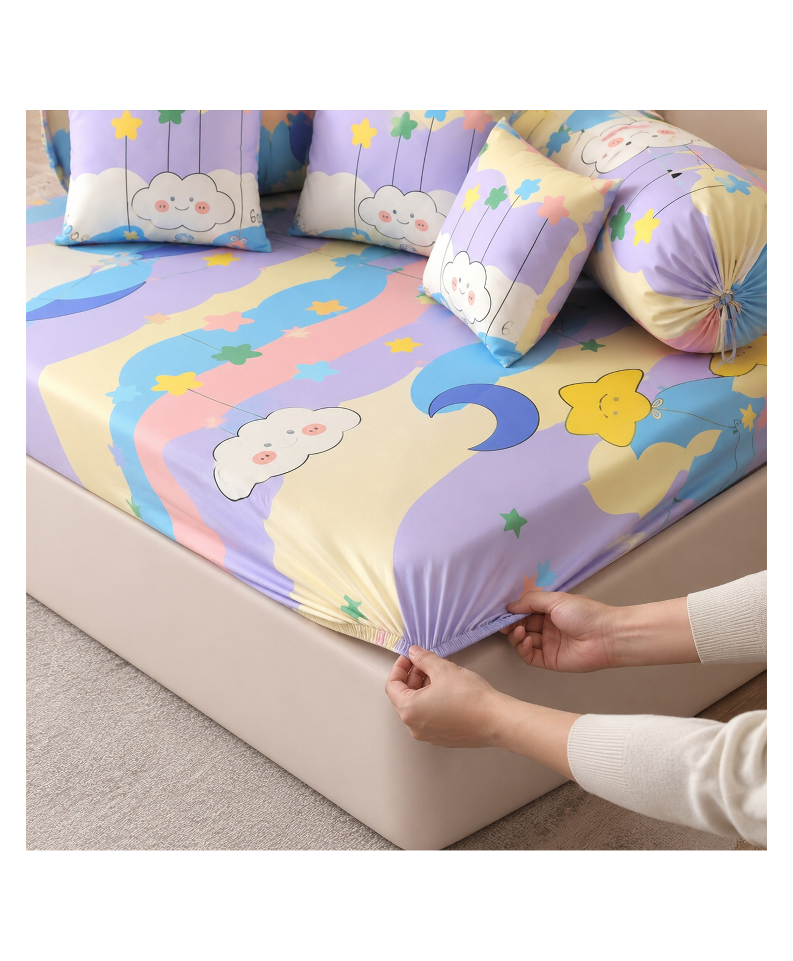 Filymore Good Night Beige Kids Fitted Diwan Set 8 Pieces Microfiber Diwan Bedsheet Set with 5 Cushion Covers & 2 Bolster Covers , Soft Good Night Theme Printed Diwan Cover Set for Kids Room-image-2