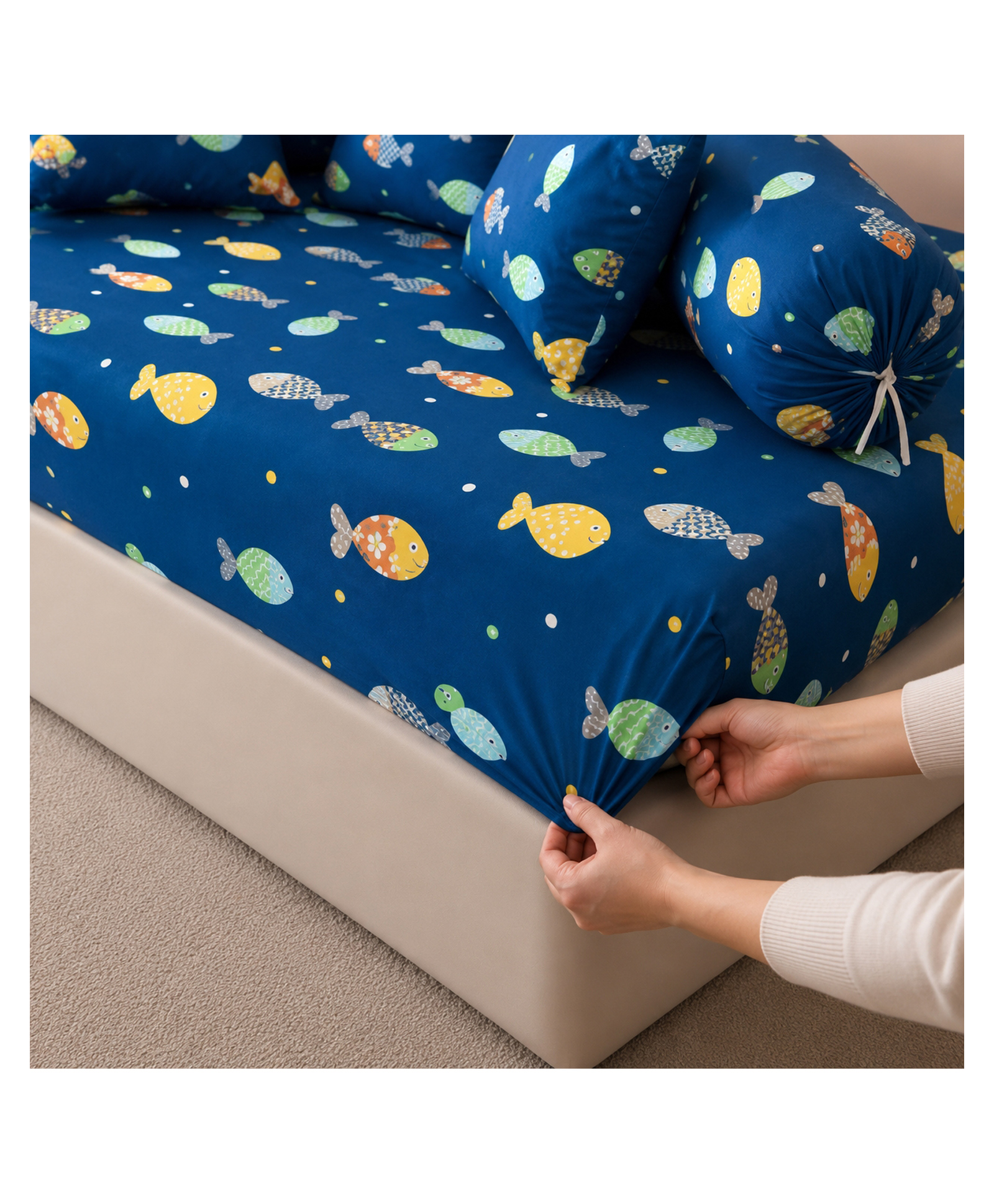Filymore fish blue Fitted Diwan Set 8 Pieces Microfiber Diwan Bedsheet Set with 5 Cushion Covers & 2 Bolster Covers , Soft Cute fish Print Diwan Cover Set for Girls Room-image-0
