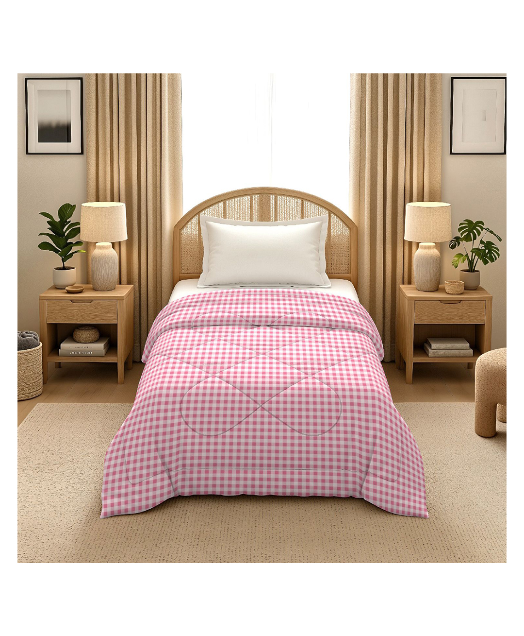 Morado Premium Glace Cotton Reversible Single Bed Comforter 60x90 Inches , Ultra Soft, Lightweight & Breathable , 150 GSM Cozy All-Season Bedding Comforter, White Pink Check-picture-2