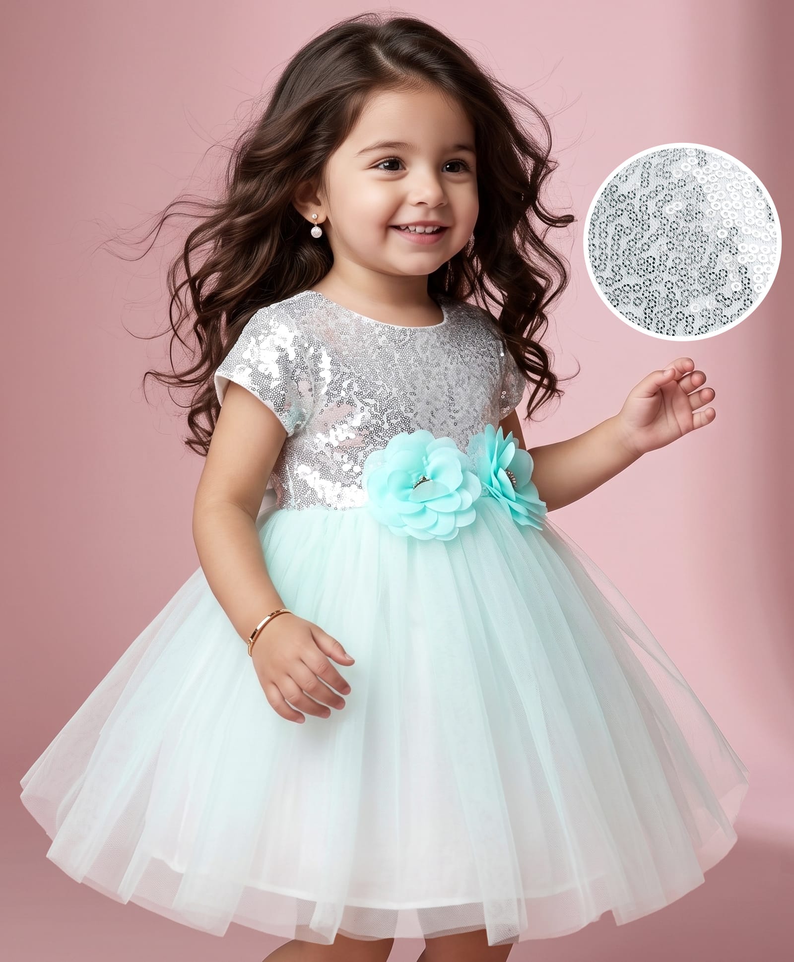 Babyhug Solid Mesh Woven and Sequins York Cap Sleeves Party Dress with Floral Applique - Blue-image-21