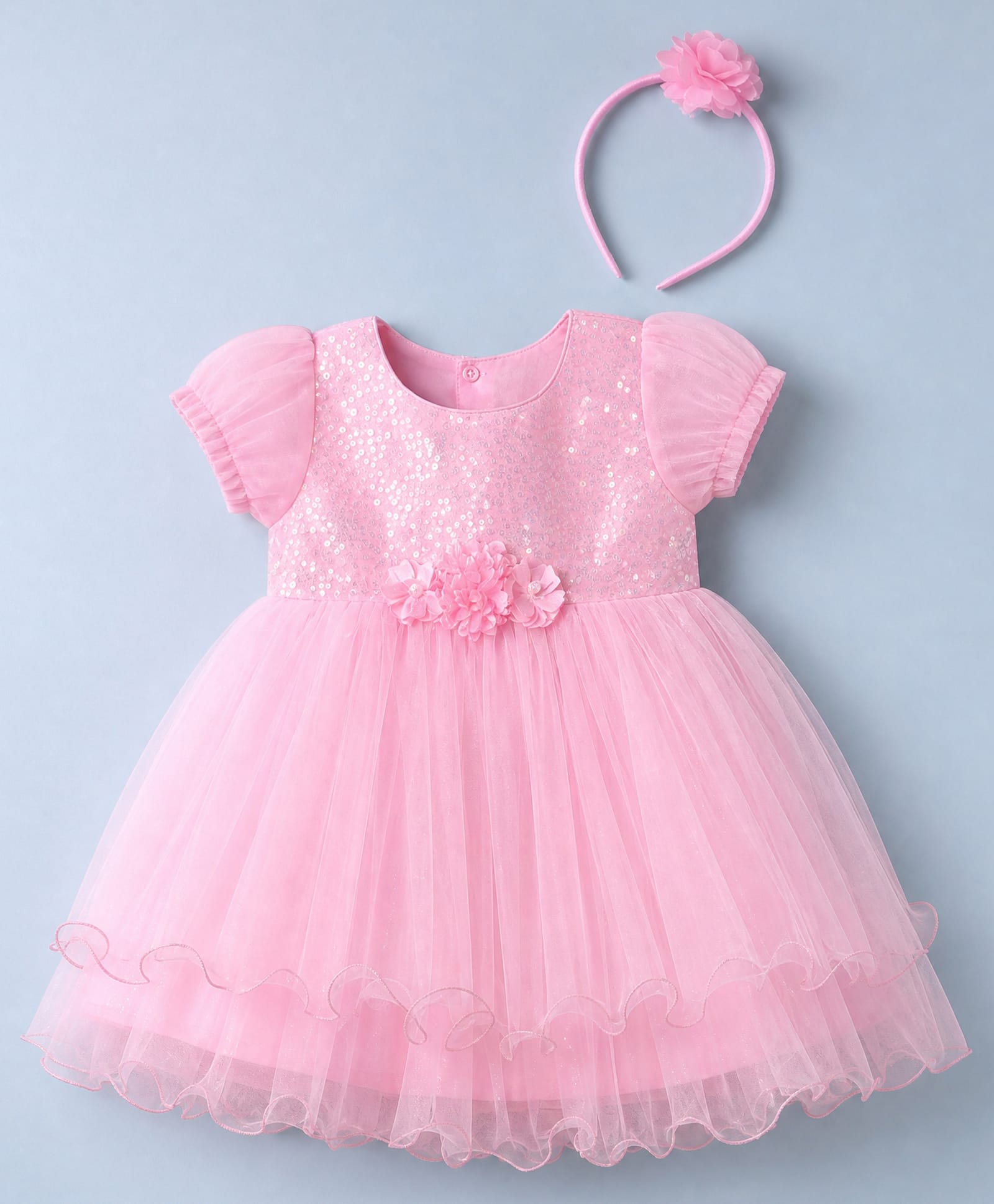 Babyhug Woven Solid Mesh and Sequins York Puff Half Sleeves Party Dress with Corsage and Headband - Pink-image-16