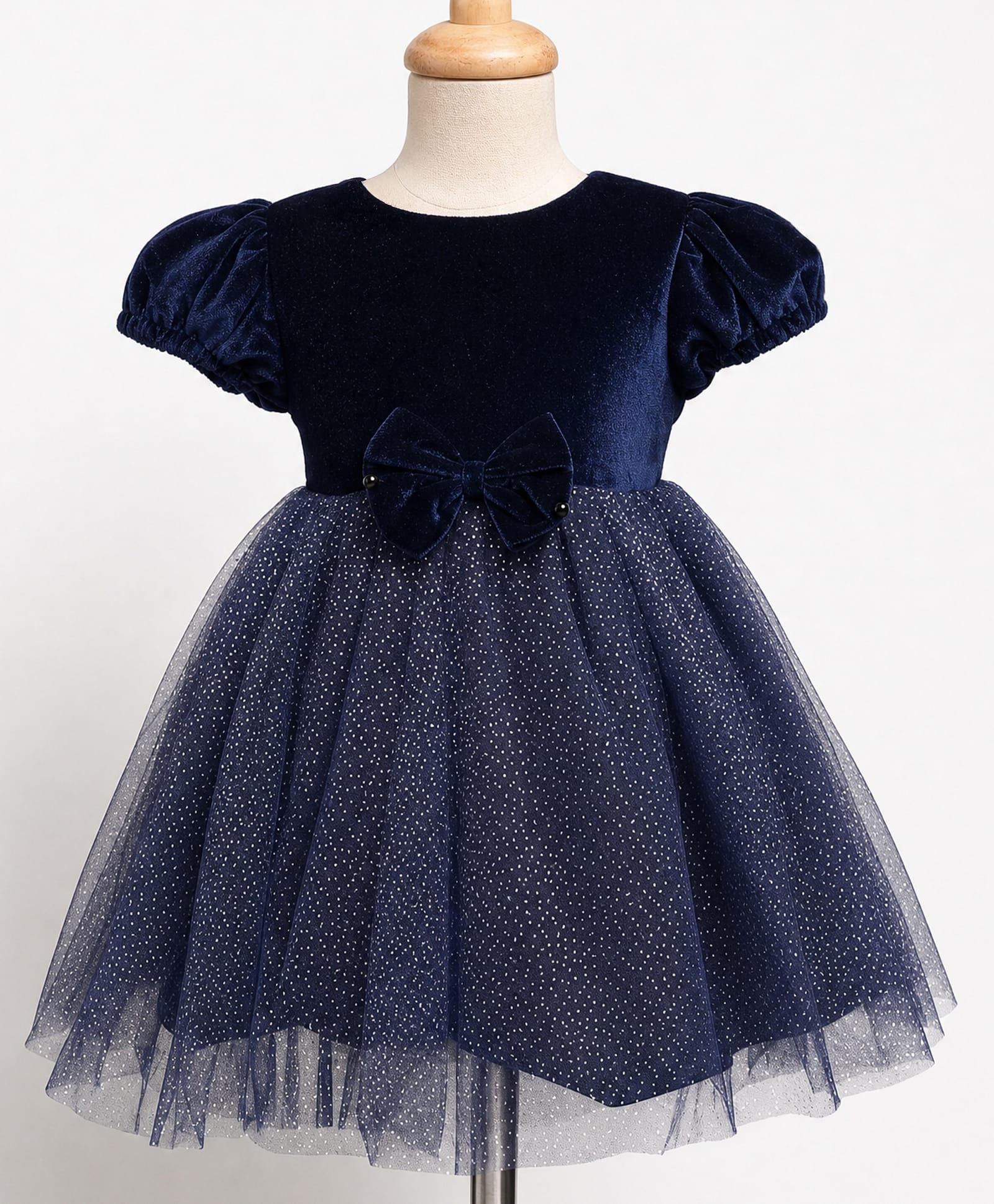 Babyhug Woven Solid Velour York and Foil Printed Mesh Half Puff Sleeves Party Dress with Corsage Bow - Navy Blue-picture-24