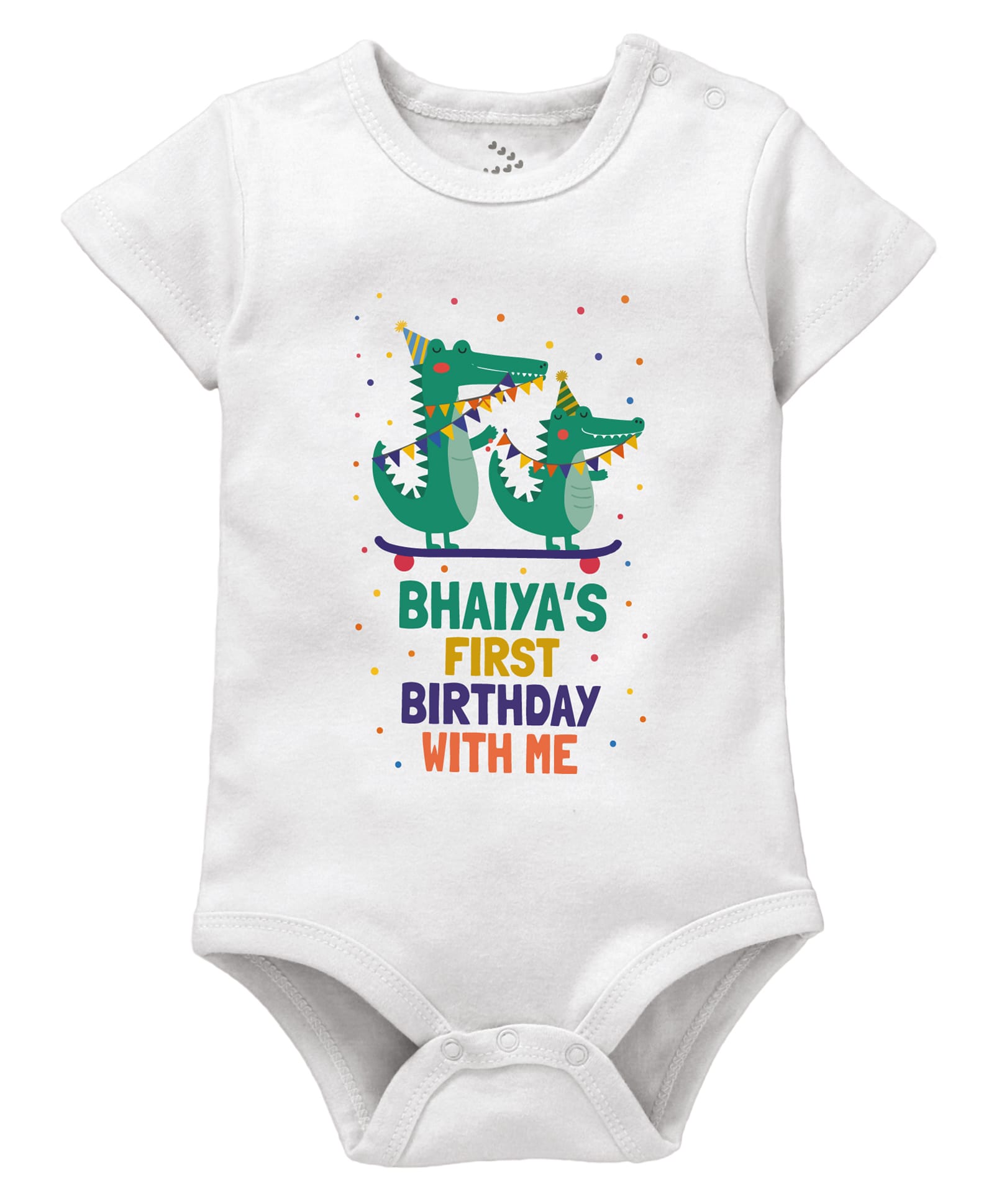 Zeezeezoo 100% Cotton Knit Birthday Theme Half Sleeves Bhaiyas First Birthday With Me Text Printed Onesie - White-picture-18