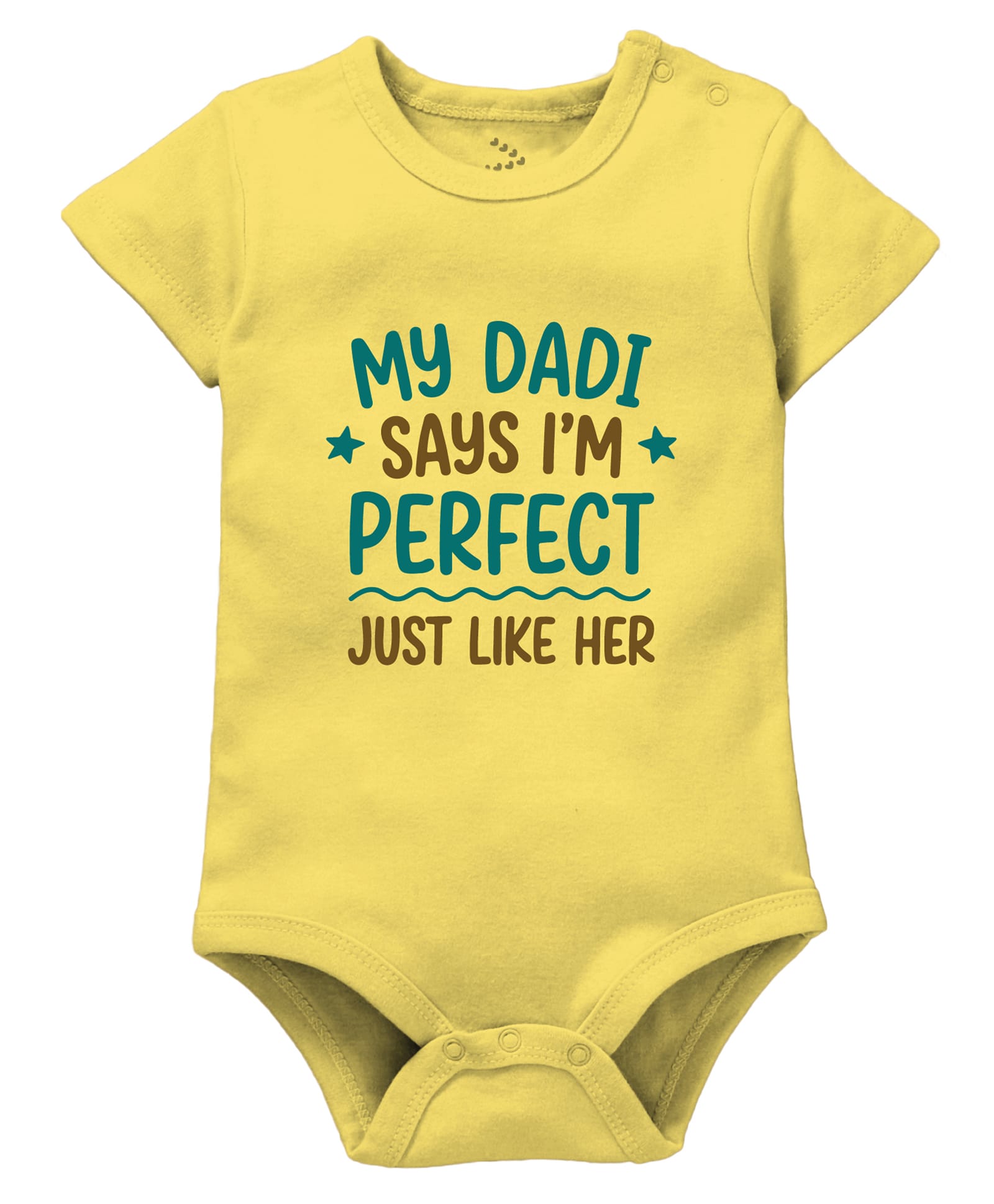 Zeezeezoo 100% Cotton Knit Family Theme Half Sleeves My Dadi Says I M Perfect Just Like Her Text Printed Onesie - Yellow-image-18