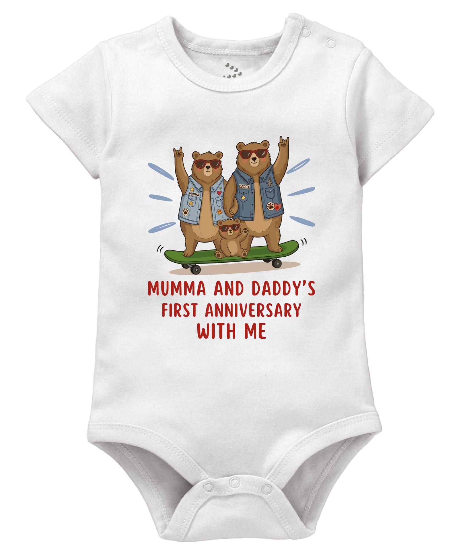 Zeezeezoo 100% Cotton Knit Half Sleeves Mumma & Daddys First Anniversary Text Printed Onesie - White-image-22