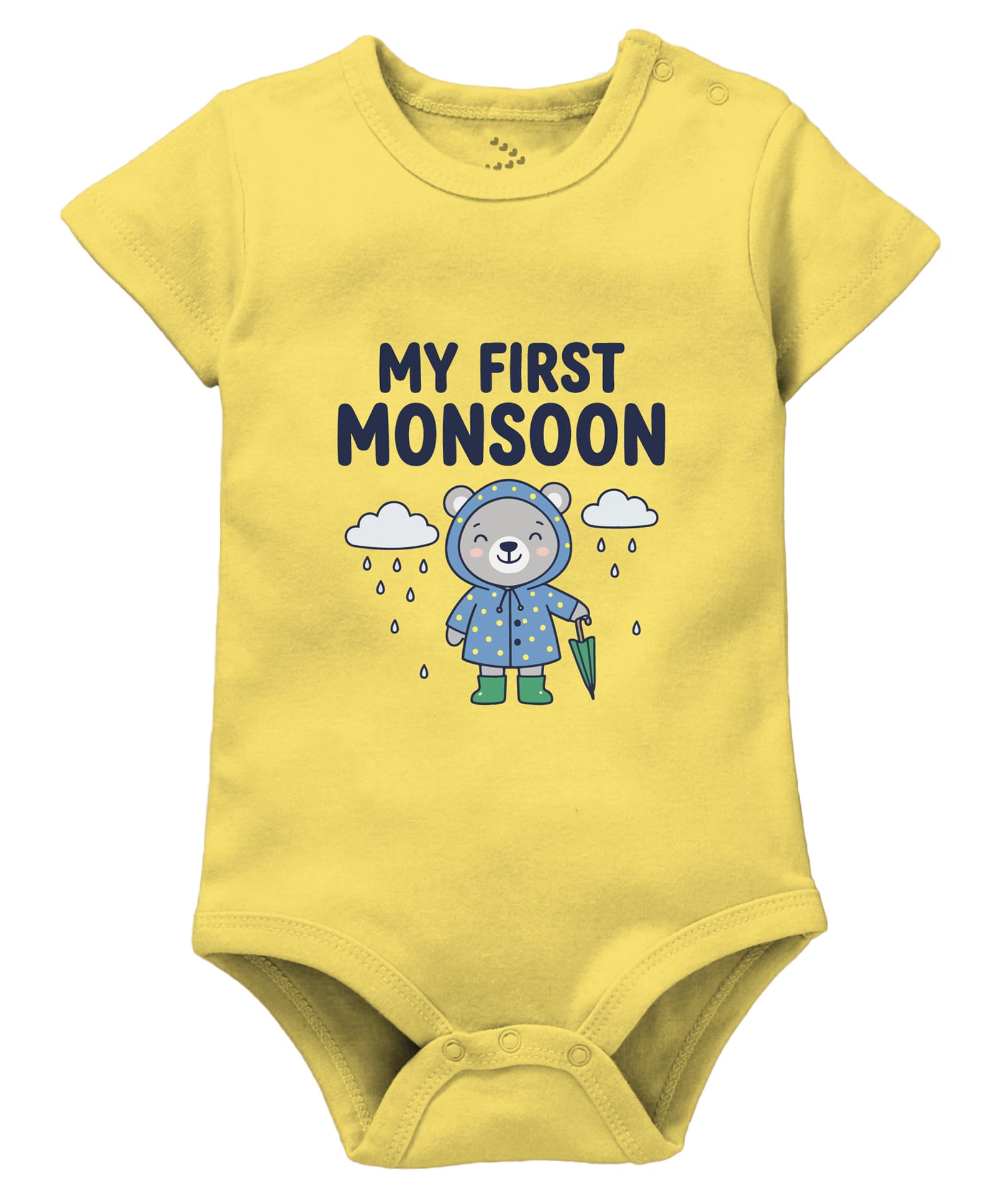 Zeezeezoo 100% Cotton Knit Monsoon Theme Half Sleeves My First Monsoon Text Printed Onesie - Yellow-image-14