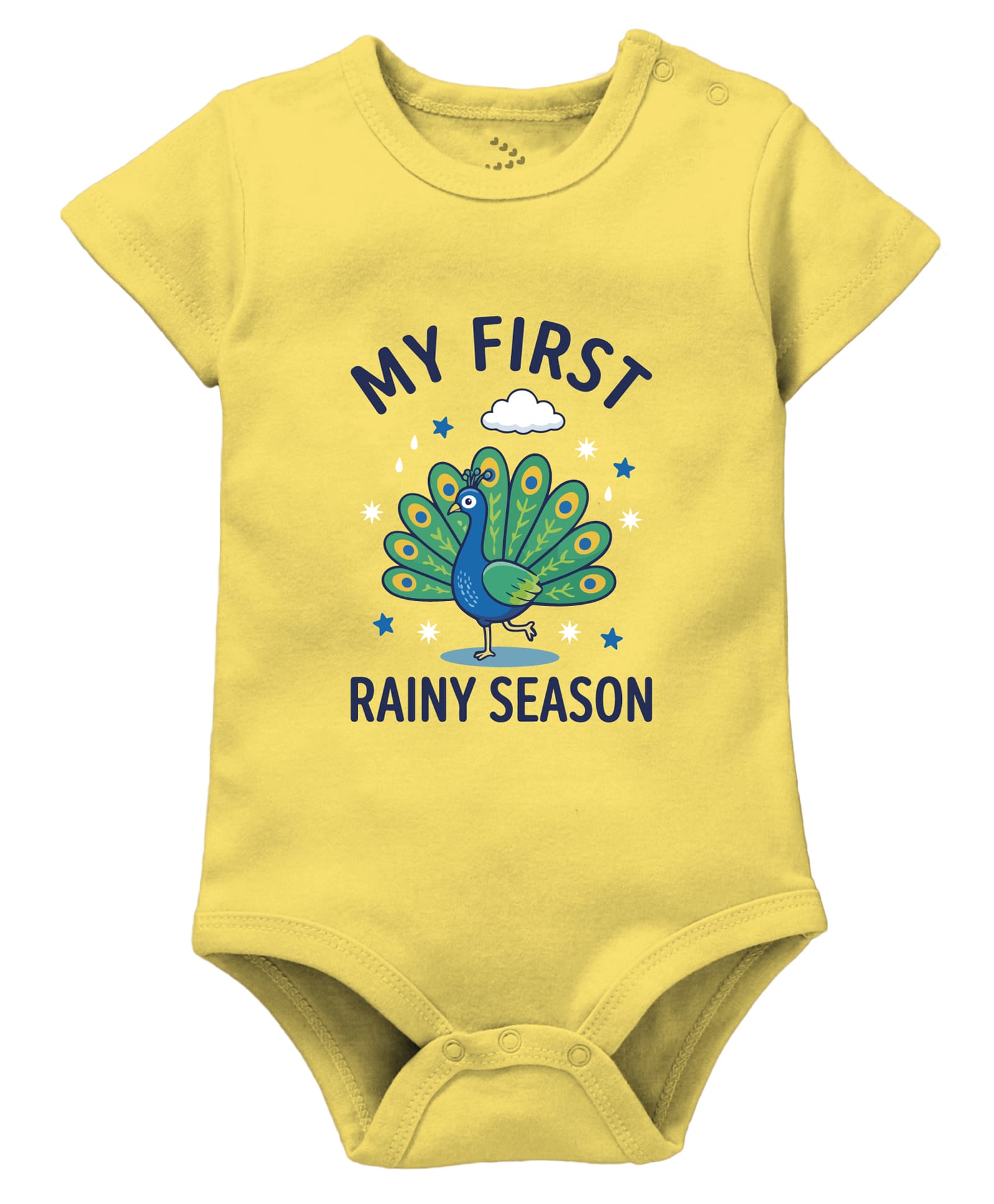 Zeezeezoo 100% Cotton Knit Monsoon Theme Half Sleeves Peacock & My First Rainy Season Text Printed Onesie - Yellow-image-22
