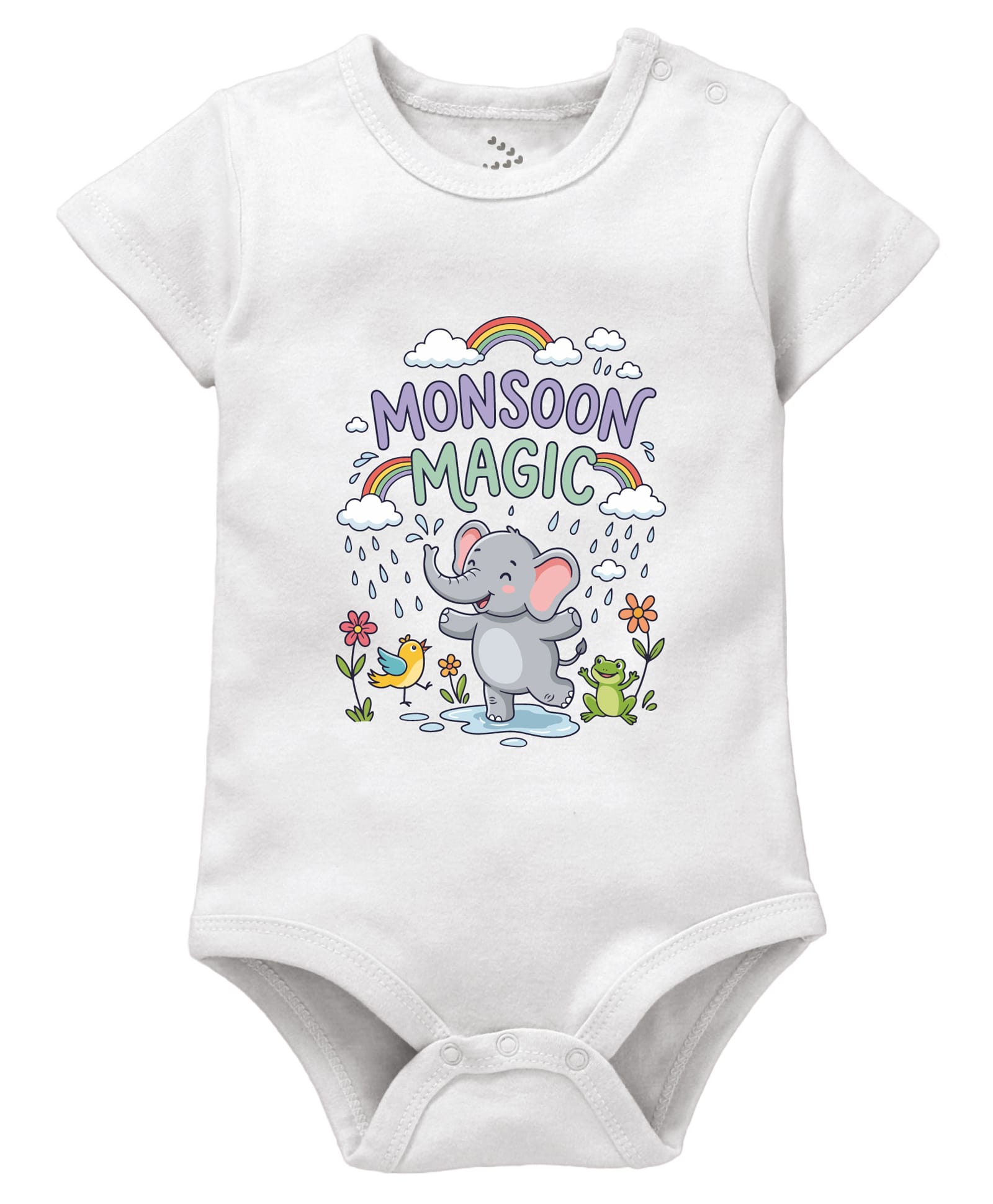 Zeezeezoo 100% Cotton Knit Monsoon Theme Half Sleeves Elephant & Monsoon Magic Text Printed Onesie - White-picture-13
