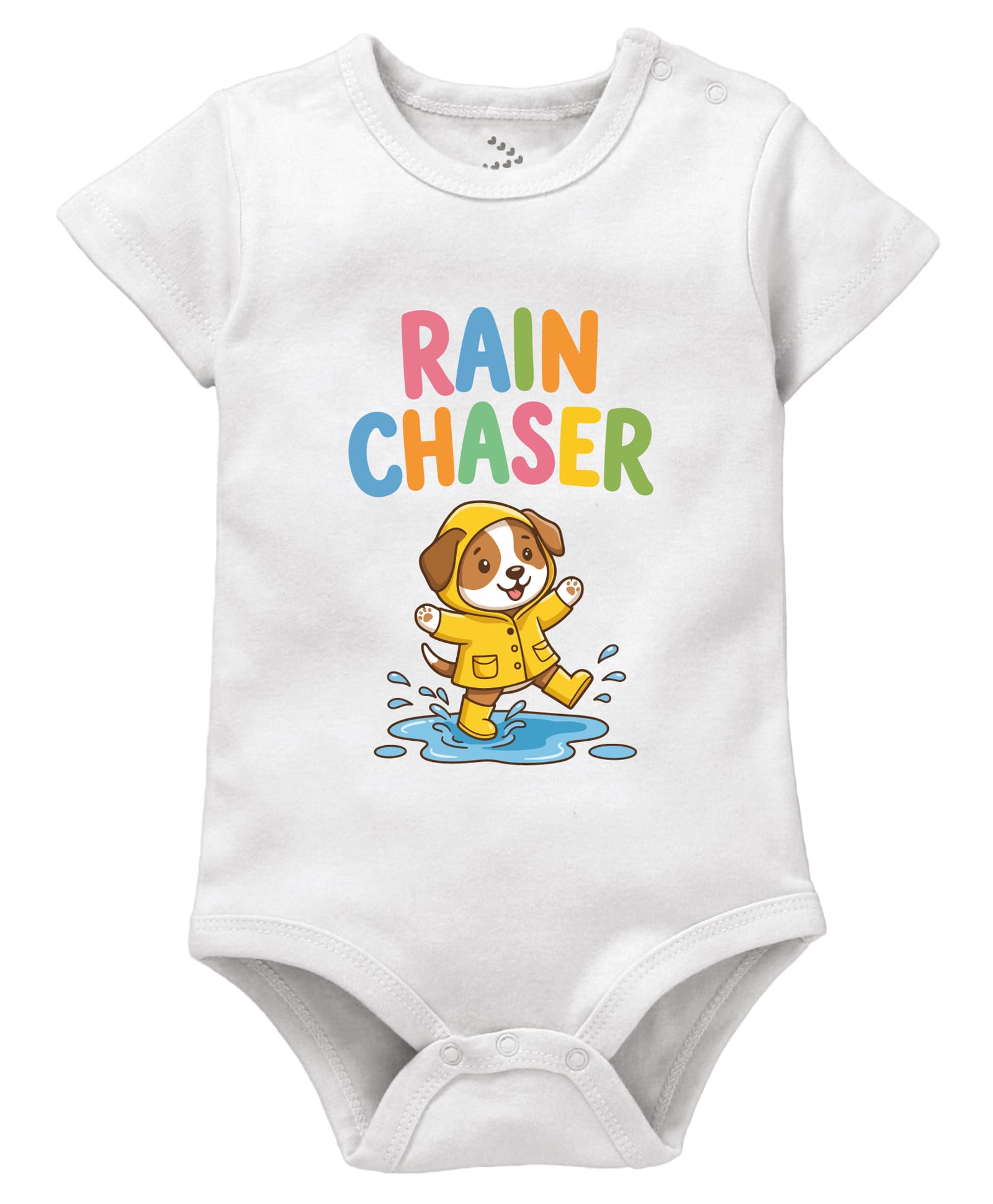 Zeezeezoo 100% Cotton Knit Monsoon Theme Half Sleeves Dog & Rain Chaser Text Printed Onesie - White-picture-21