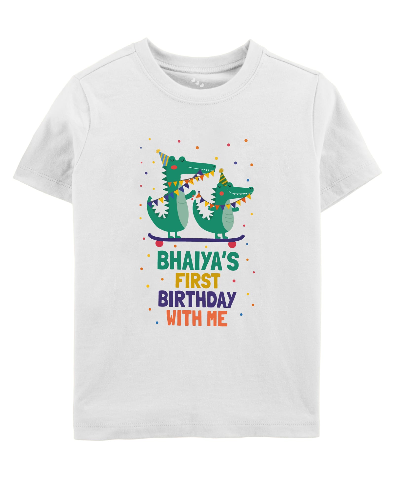 Zeezeezoo Cotton Knit Birthday Theme Half Sleeves Crocodile & Bhaiyyas First Birthday With Me Text Printed Tee - White-picture-14
