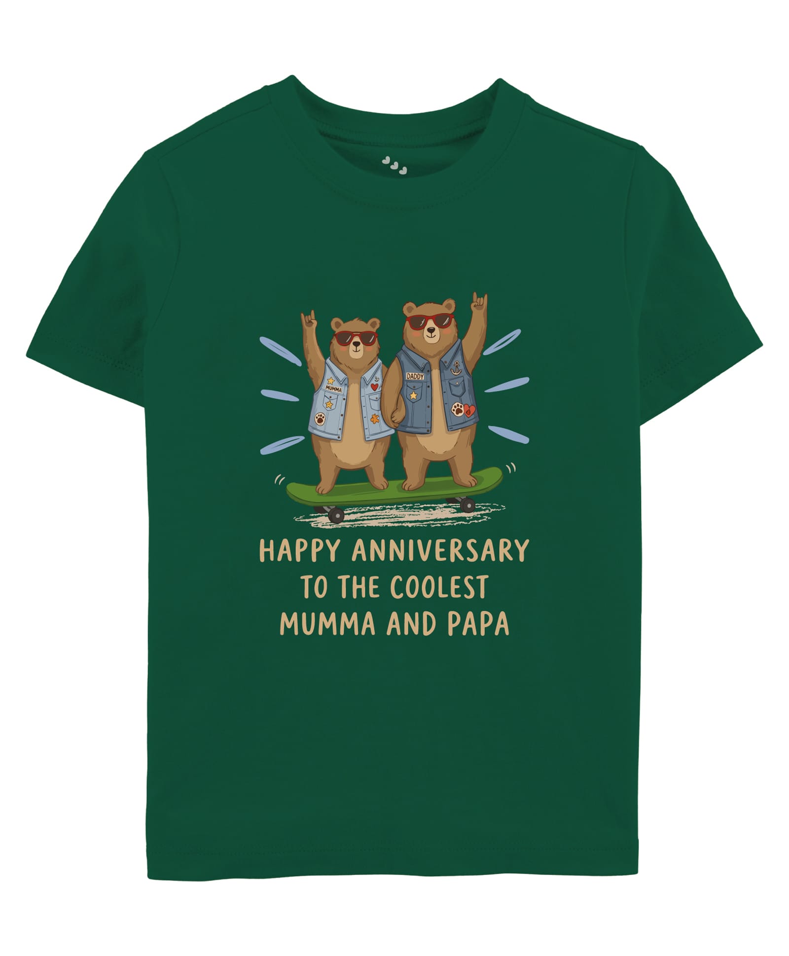 Zeezeezoo Cotton Knit Family Theme Half Sleeves Bear & Happy Anniversary To The Coolest Mumma & Papa Text Printed Tee - Forest Green-image-9