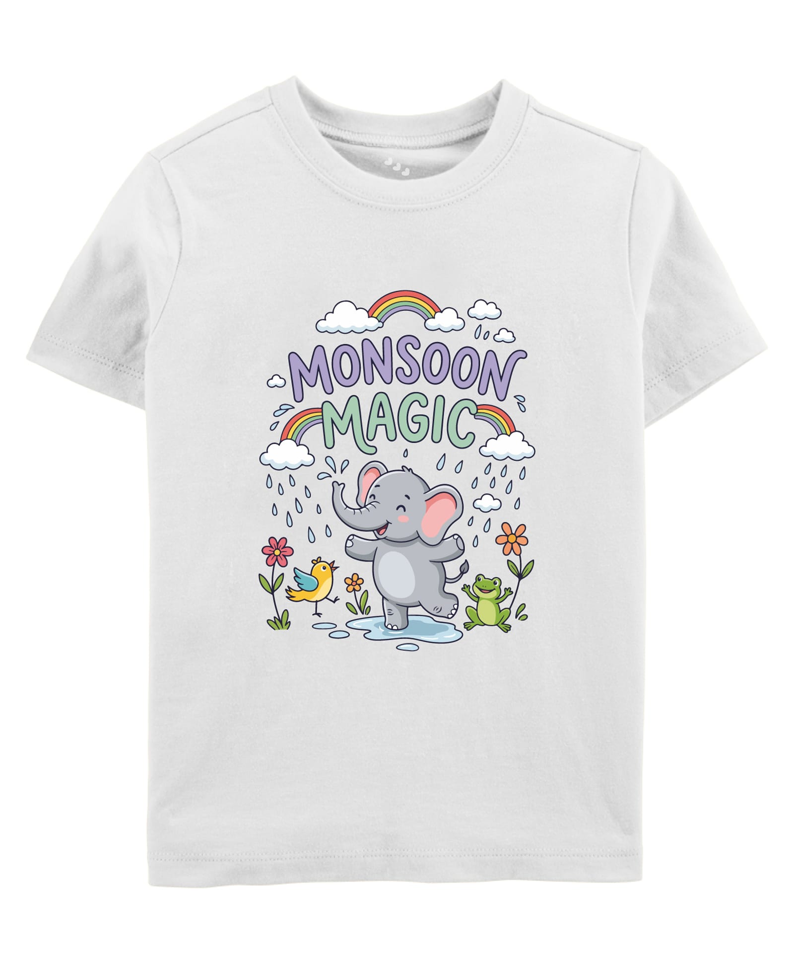 Zeezeezoo Cotton Knit Monsoon Theme Half Sleeves Elephant & Monsoon Magic Text Printed Tee - White-image-37