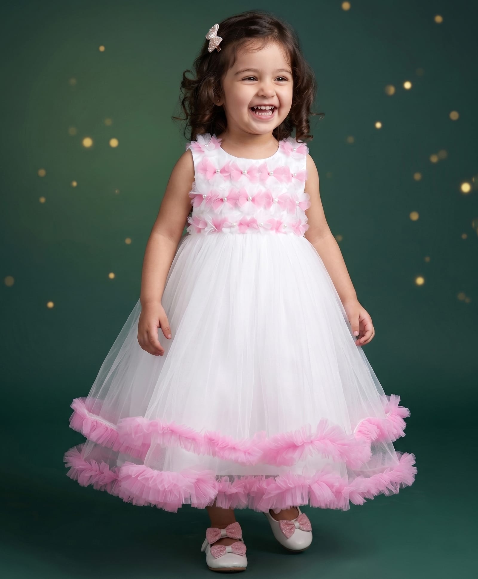 Babyhug Woven Solid Mesh Sleeveless Party Dress with Floral Applique Yoke & Ruffles at Hem - Pink & White-image-1