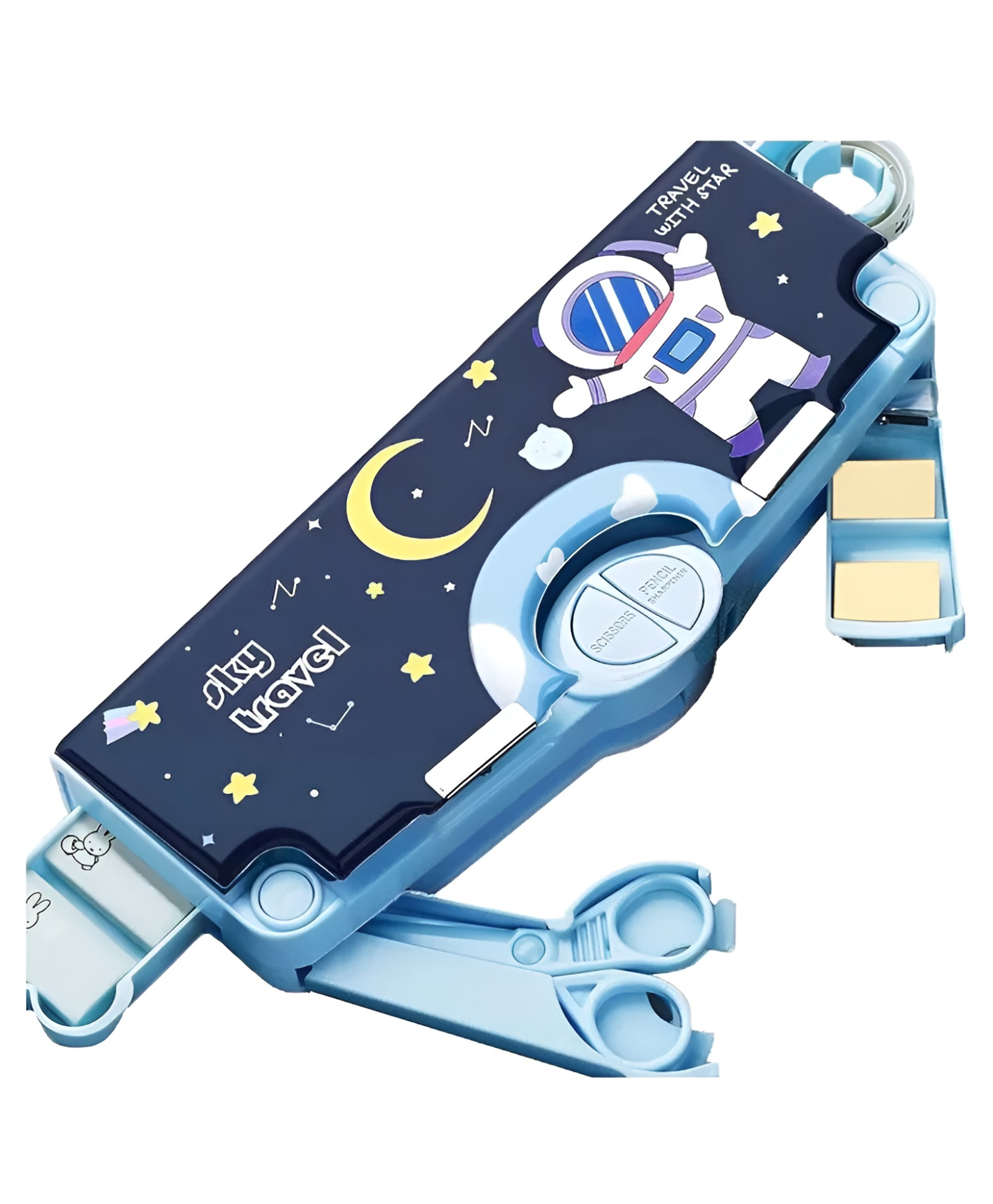 SHOOLISH Sky Travel Multifunctional Pencil Magnetic Box High Tech Creative Cartoon Stationery Box Space Double Layer Large Capacity Double Sided Pencil Box For Kids- PACK OF 1- COLOR BLUE-image-2