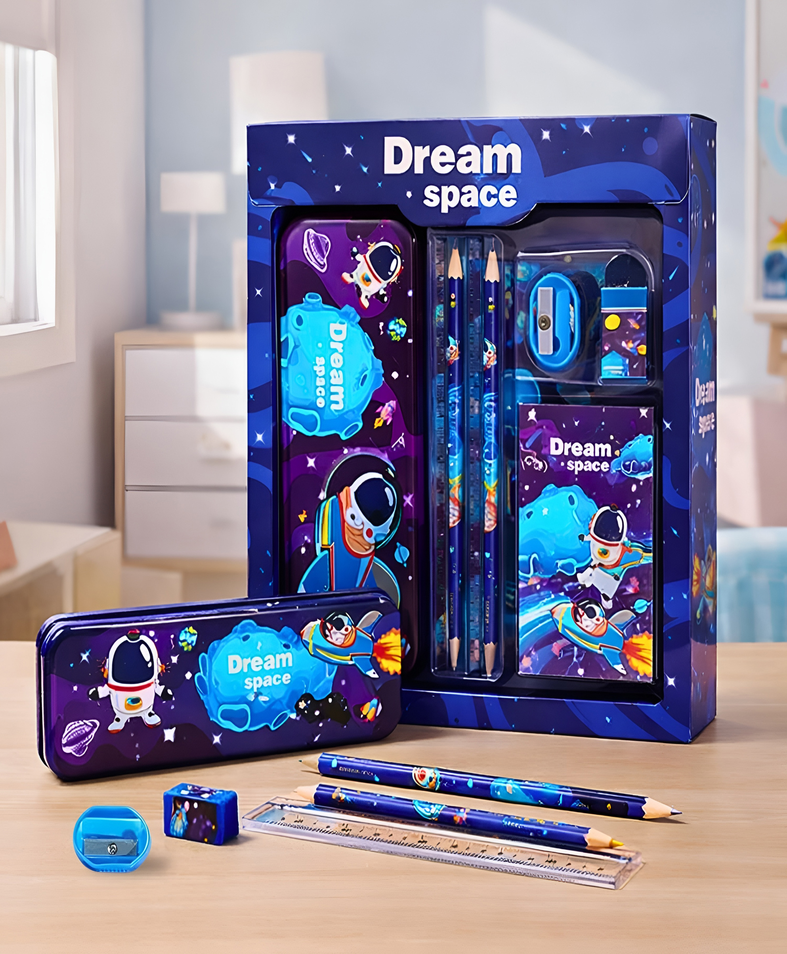 SCHOOLISH Set of 12 Space Theme Stationery Kit | includes pencils, eraser, sharpener, ruler, and other essentials for Kids - PACK OF 1- COLOR MAY VARY-image-39
