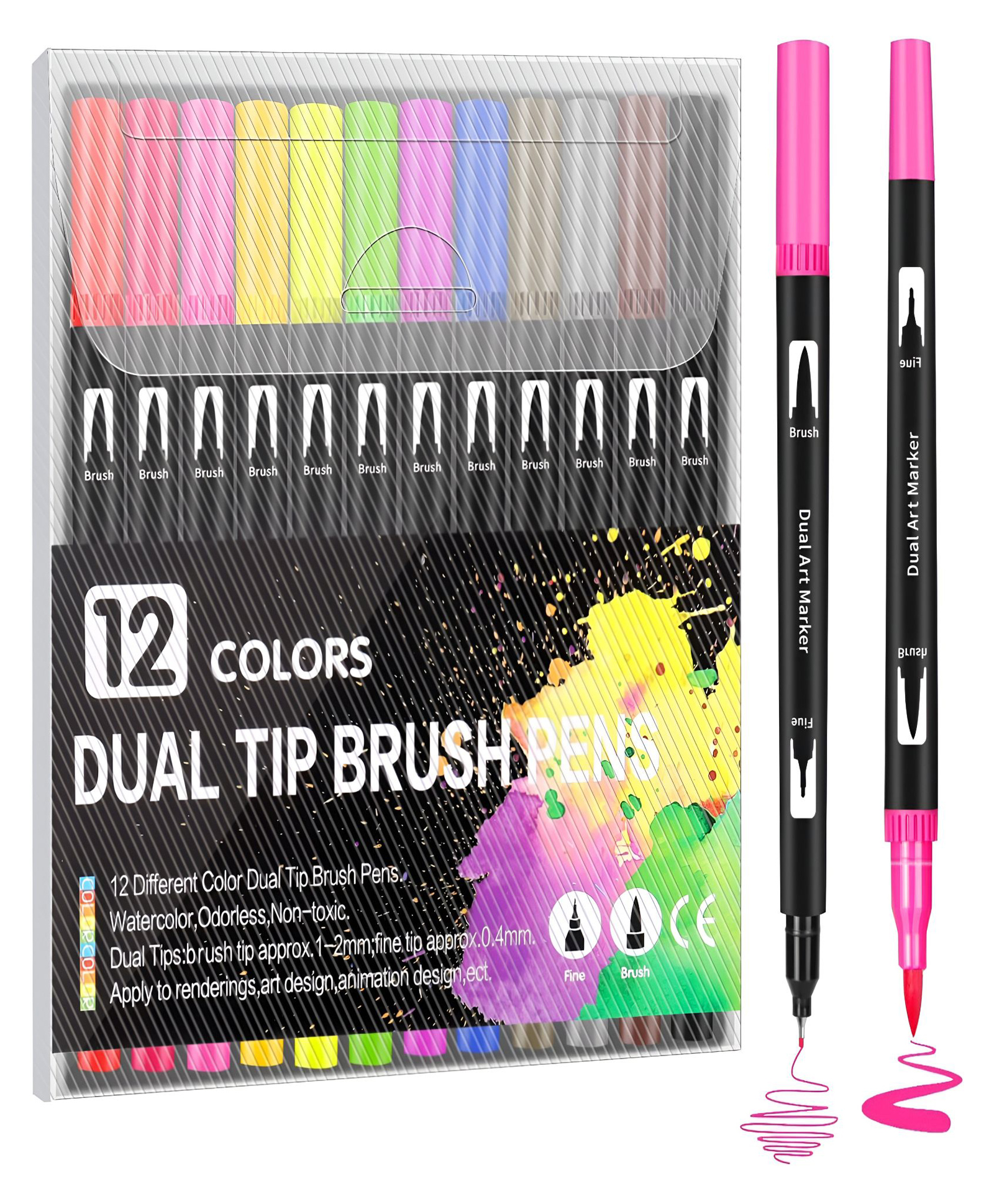 SCHOOLISH 12 Pcs Dual Tip Brush Pens Felt Tip Pen Set 12 Colors, Colouring Pens Art Markers for Kids and Adults - PACK OF 1- COLOR MAY VARY-picture-28