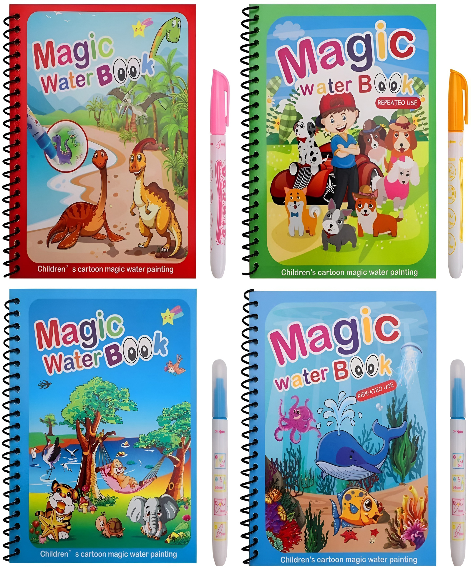 SCHOOLISH Set of 4 Water Magic Coloring Books with Refillable Pens - No-Mess Water Reveal Activity Book Set for Kids - PACK OF 4- COLOR MAY VARY-image-2