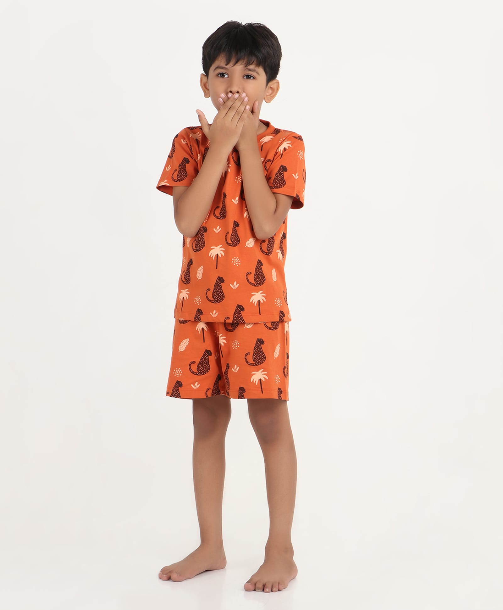 REBORN Cotton Knit Half Sleeves Leopard Printed Coordinating Tee & Shorts Night Suit - Orange-image-10