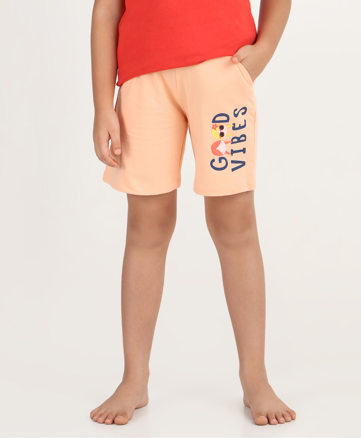 REBORN Cotton Woven Good Vibes Text Printed Shorts - Peach-picture-20