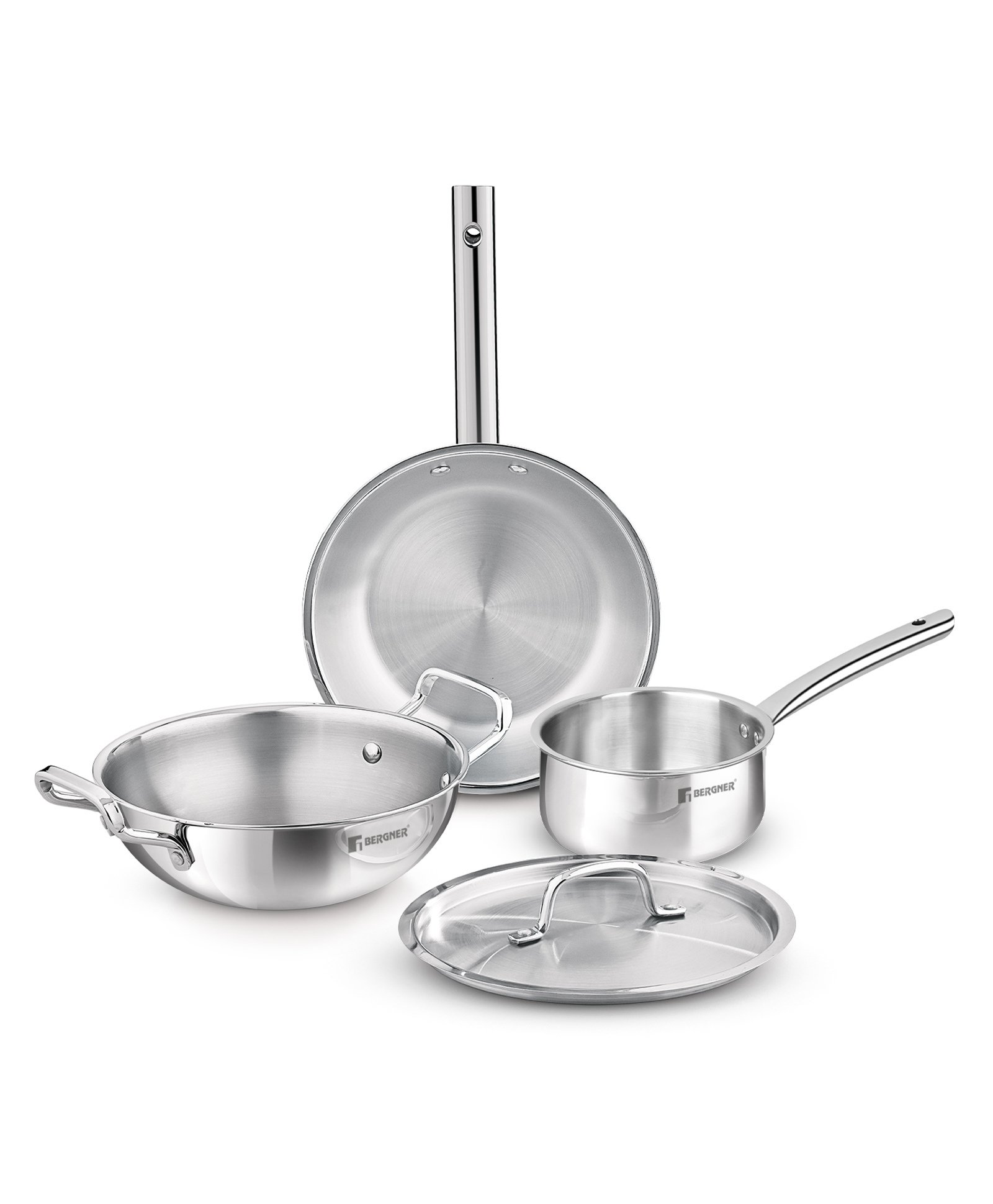 Bergner TriPro 4 Pcs Tri-Ply Stainless Steel Induction Bottom Cookware Set - 22cm (2.3L) Kadai and 22cm (1L) Frypan with Common Stainless Steel Lid, 14cm (1L) Teapan, Less Oil Use, Easy to Clean-image-2