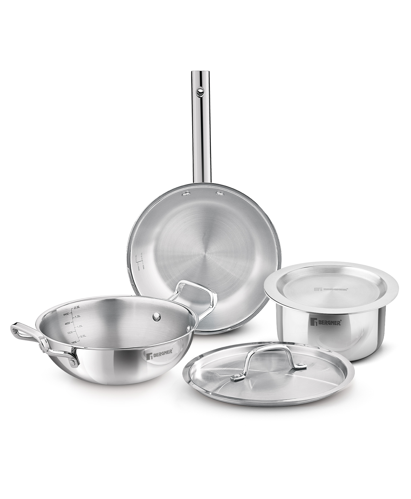 Bergner Tripro 22 cm Triply Cookware Set 5 Pcs with Kadai, Frypan & Tope, Even Heat Distribution, Induction & Gas Stove Compatible- Grey-image-10
