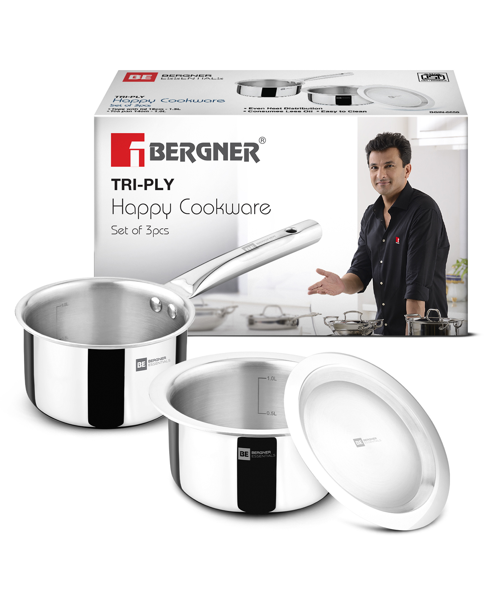 Bergner Tripro Triply Stainless Steel 3 Pcs Cookware Set with Lid | Tope & Tea Pan | Induction & Gas Stove Compatible- Grey-image-28