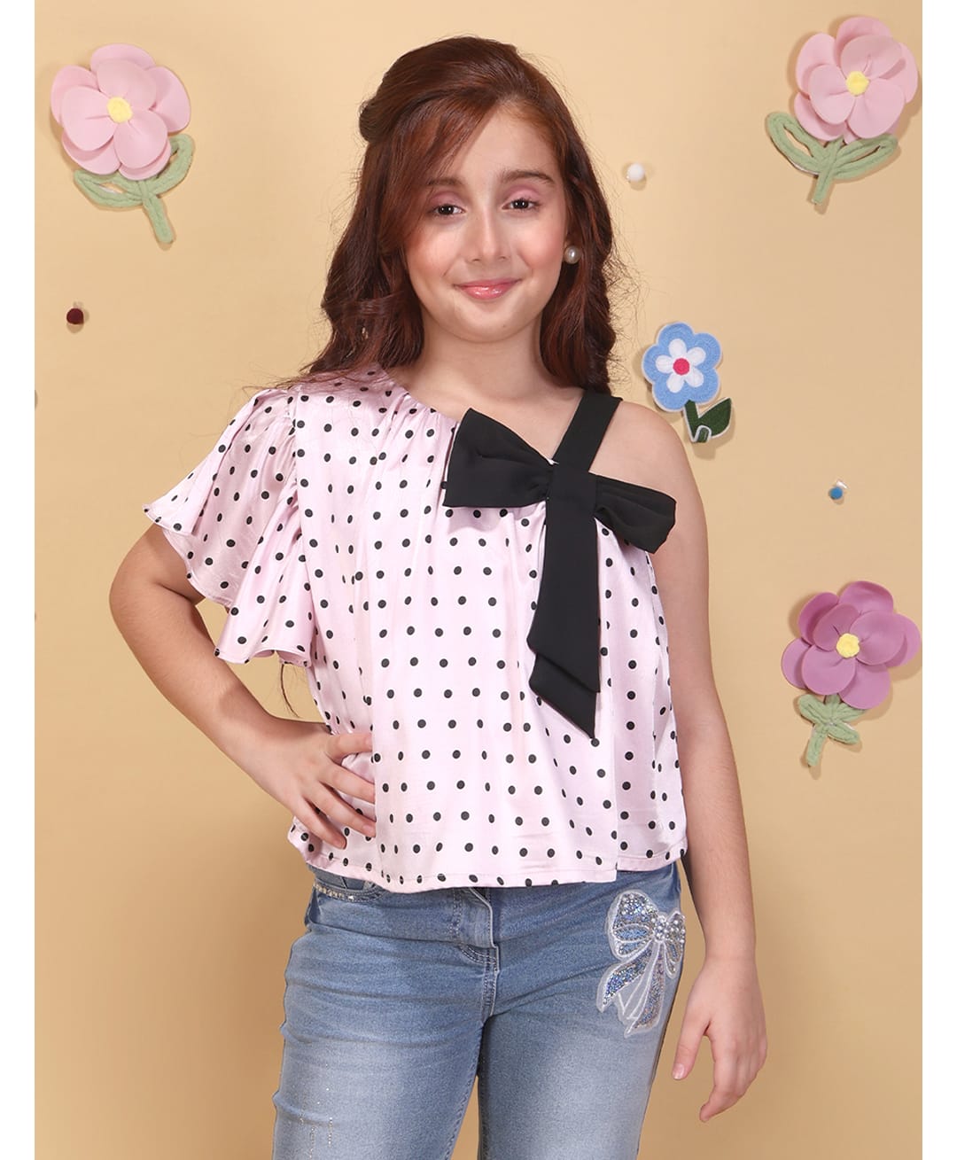 Cutecumber Georgette Woven Sleeveless Polka Dots Printed & Bow Applique Detailed Top - Pink-image-15