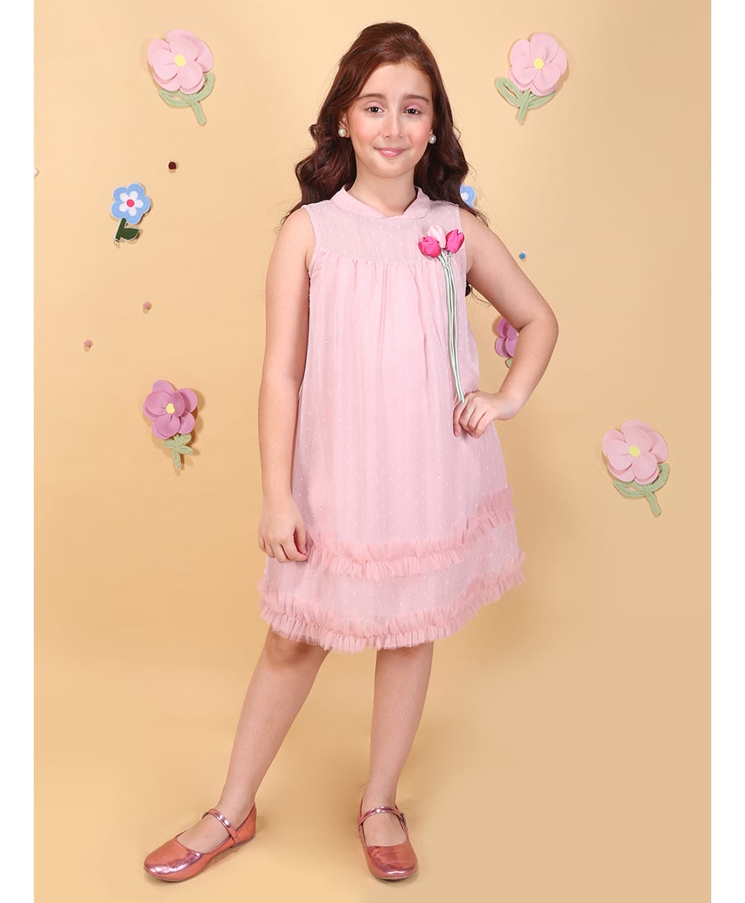 Cutecumber Georgette Woven Sleeveless Floral Applique Ruffle Detailed Dress - Dusty Pink-image-27