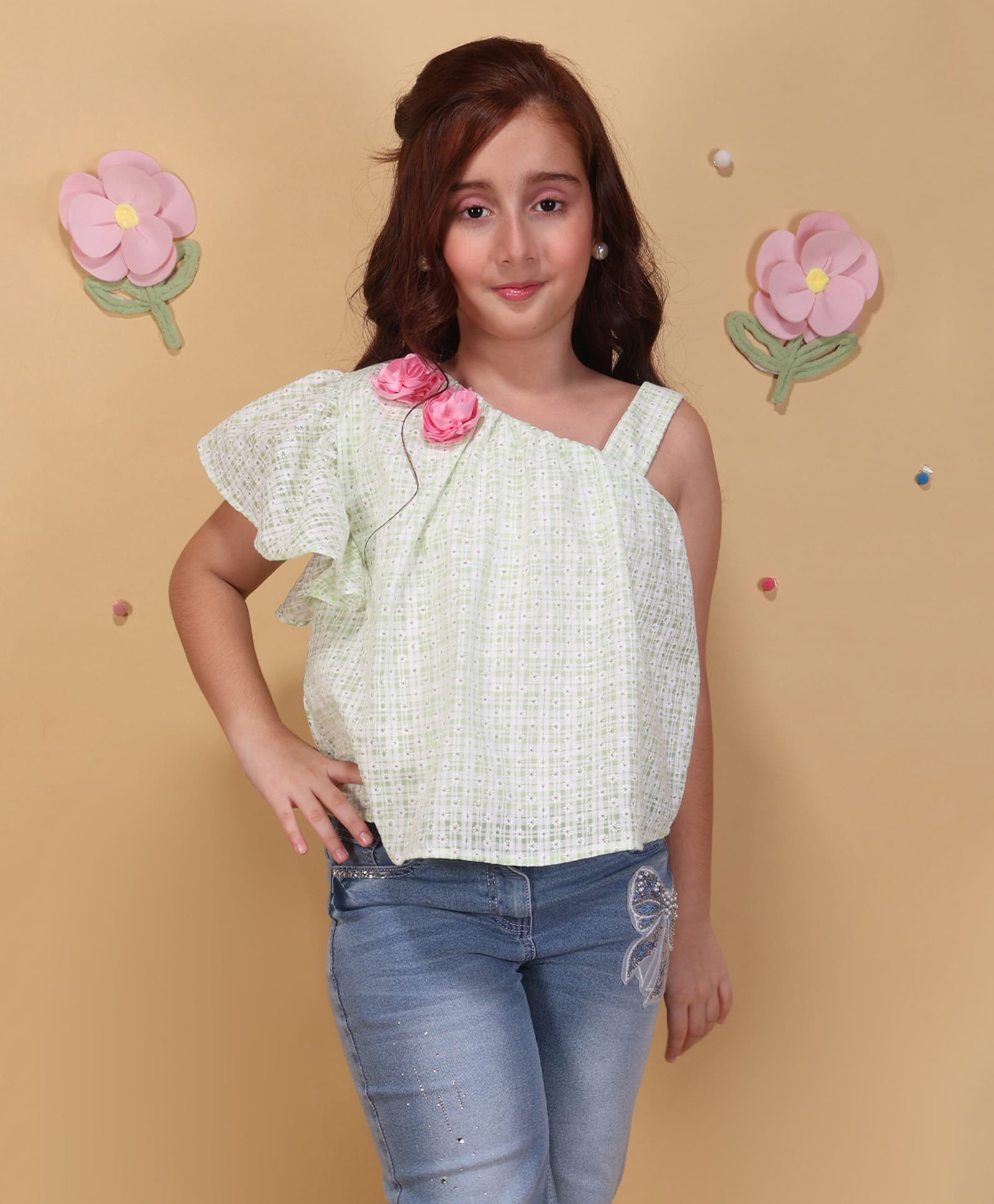 Cutecumber Cotton Woven Sleeveless Floral Applique Detailed & Printed Top - Green-image-12