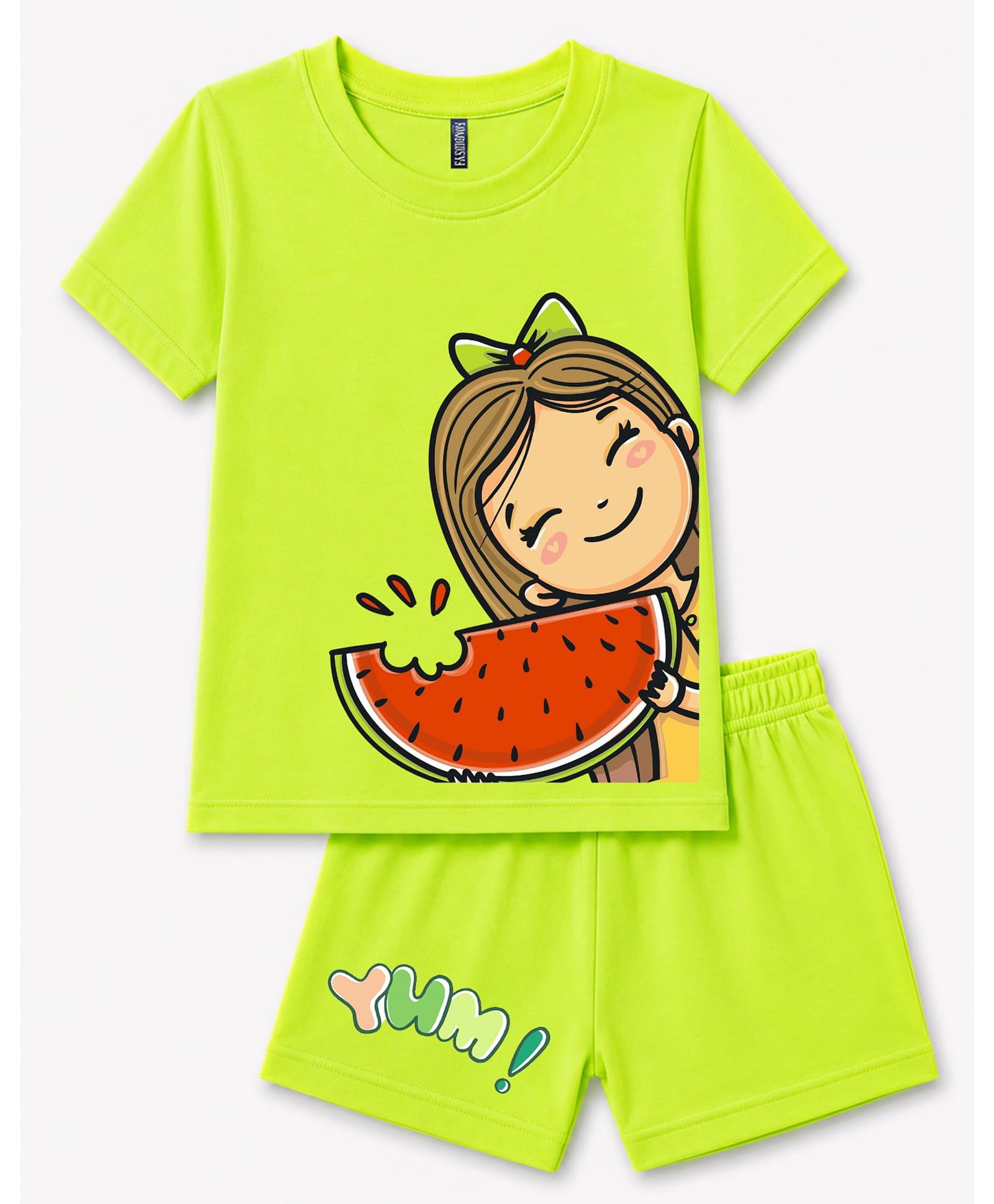 FASHIONOY 100% Cotton Knit Half Sleeves Girl & Watermelon Printed Tee & Shorts Set - Neon Green-image-46