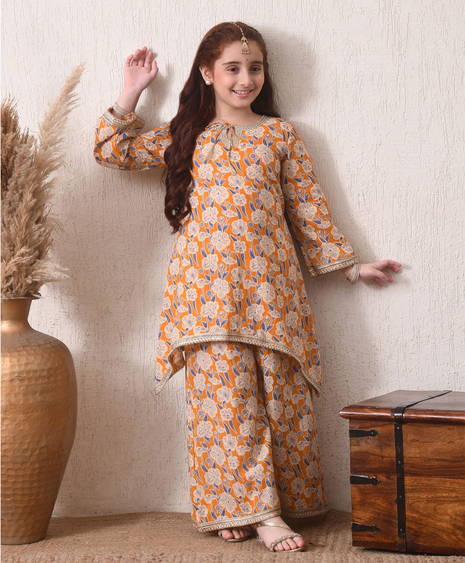INDI-LOOM COUTURE Cotton Woven Three Fourth Sleeves Gota Lace Embellished & Floral Printed Kurti Palazzo Set - Orange-image-37