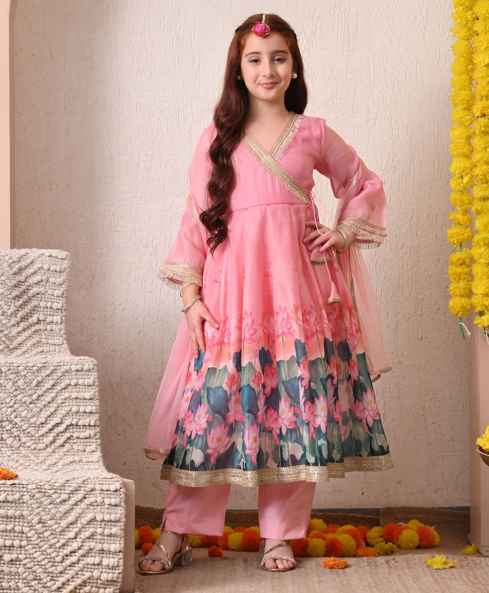 INDI-LOOM COUTURE Cotton Woven Three Fourth Sleeves Gota Lace Embellished & Floral Printed Kurti & Salwar Set With Dupatta - Pink-image-35