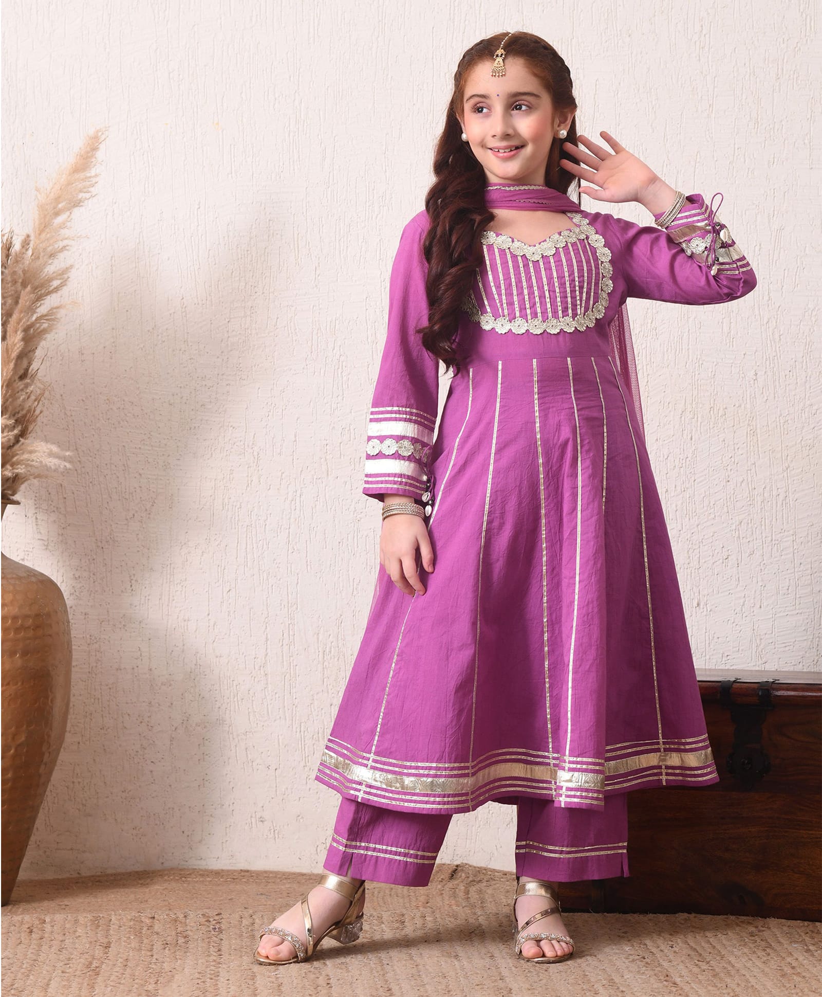 NDI-LOOM COUTURE Cotton Woven Full Seeves Gota Lace Embellished & Floral Design Thread Work Detailed Kurti Pant Set With Dupatta - Purple-image-35