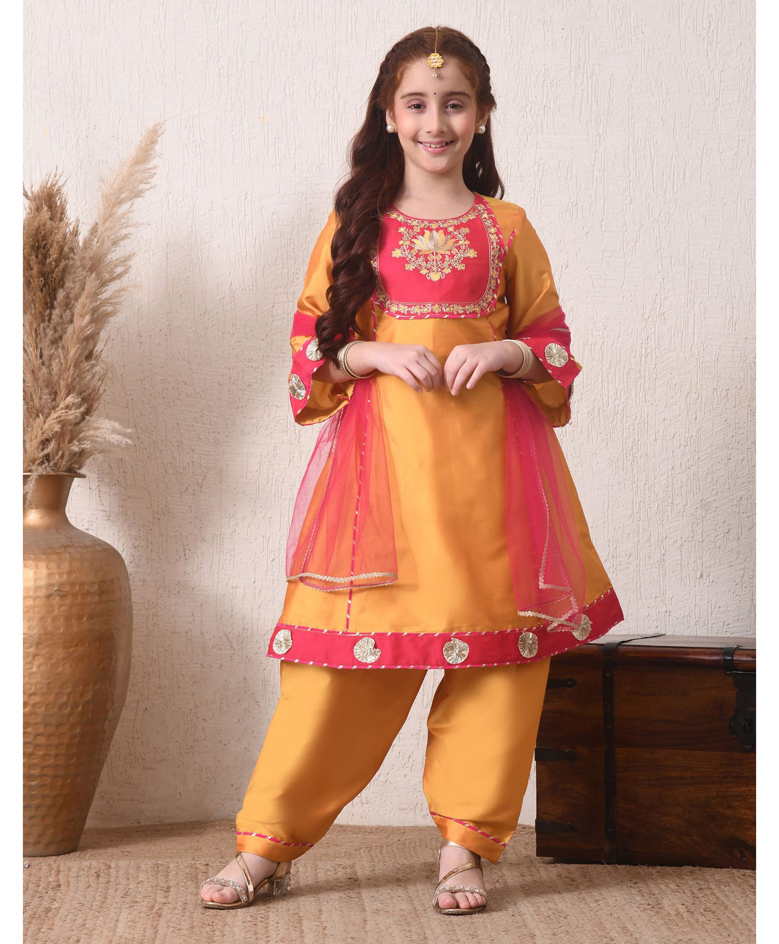 INDI-LOOM COUTURE Cotton Woven Full Sleeves Floral Design Gota Lace Embellished Thread Work Detailed Kurti Salwar Set With Dupatta - Yellow-image-29