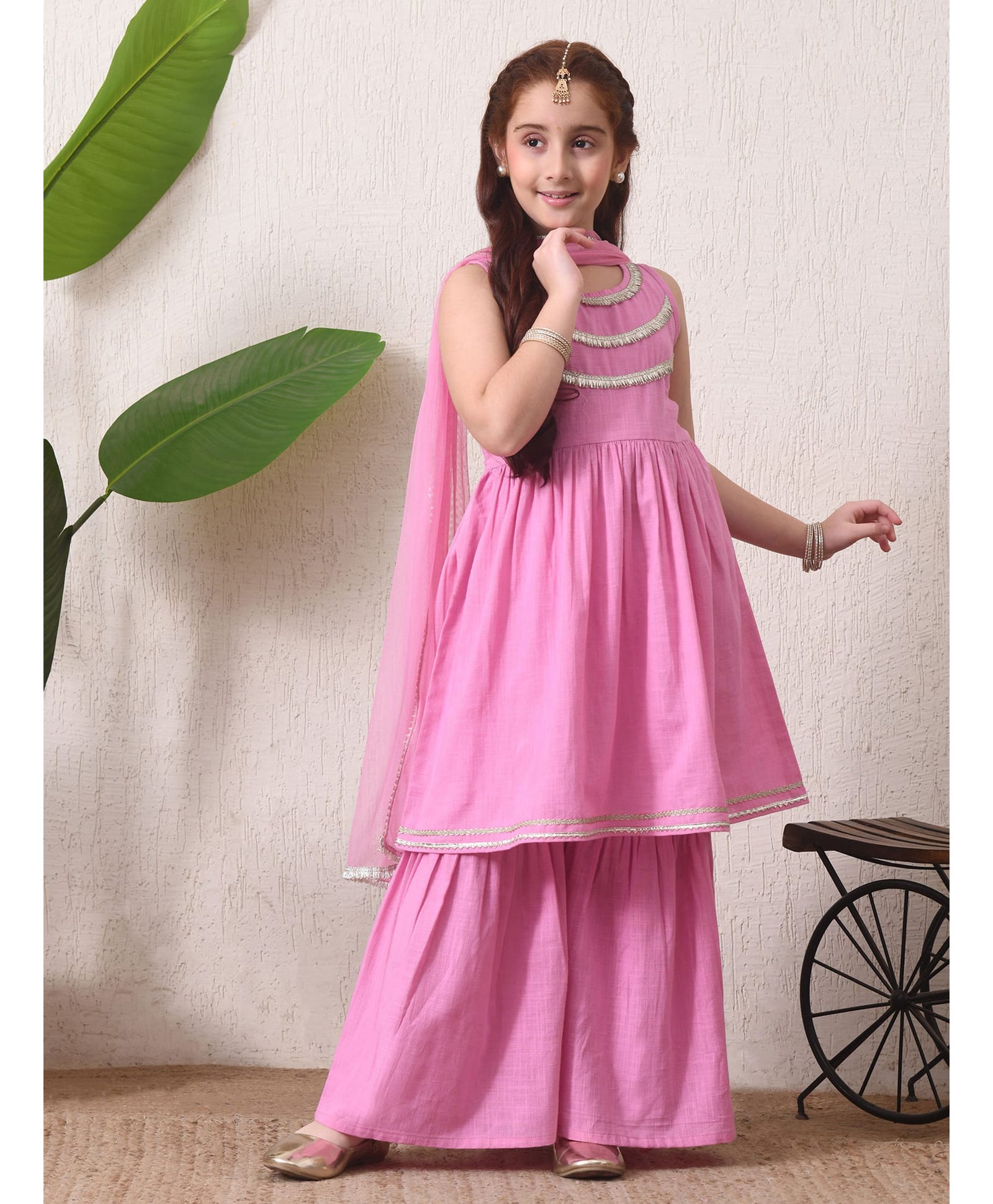INDI-LOOM COUTURE Cotton Woven Sleeveless Gota Lace Embellished Kurti Sharara Set With Dupatta - Pink-image-36