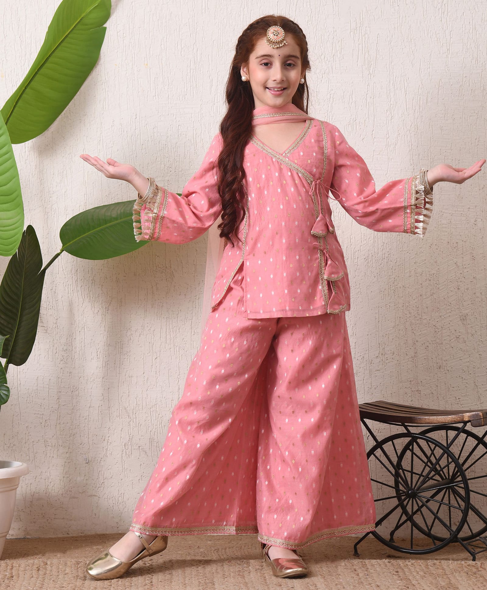 INDI-LOOM COUTURE Cotton Woven Full Sleeves Gota Lace Embellished & Ethnic Motifs Embroidered Kurti Palazzo Set With Dupatta - Pink-image-40