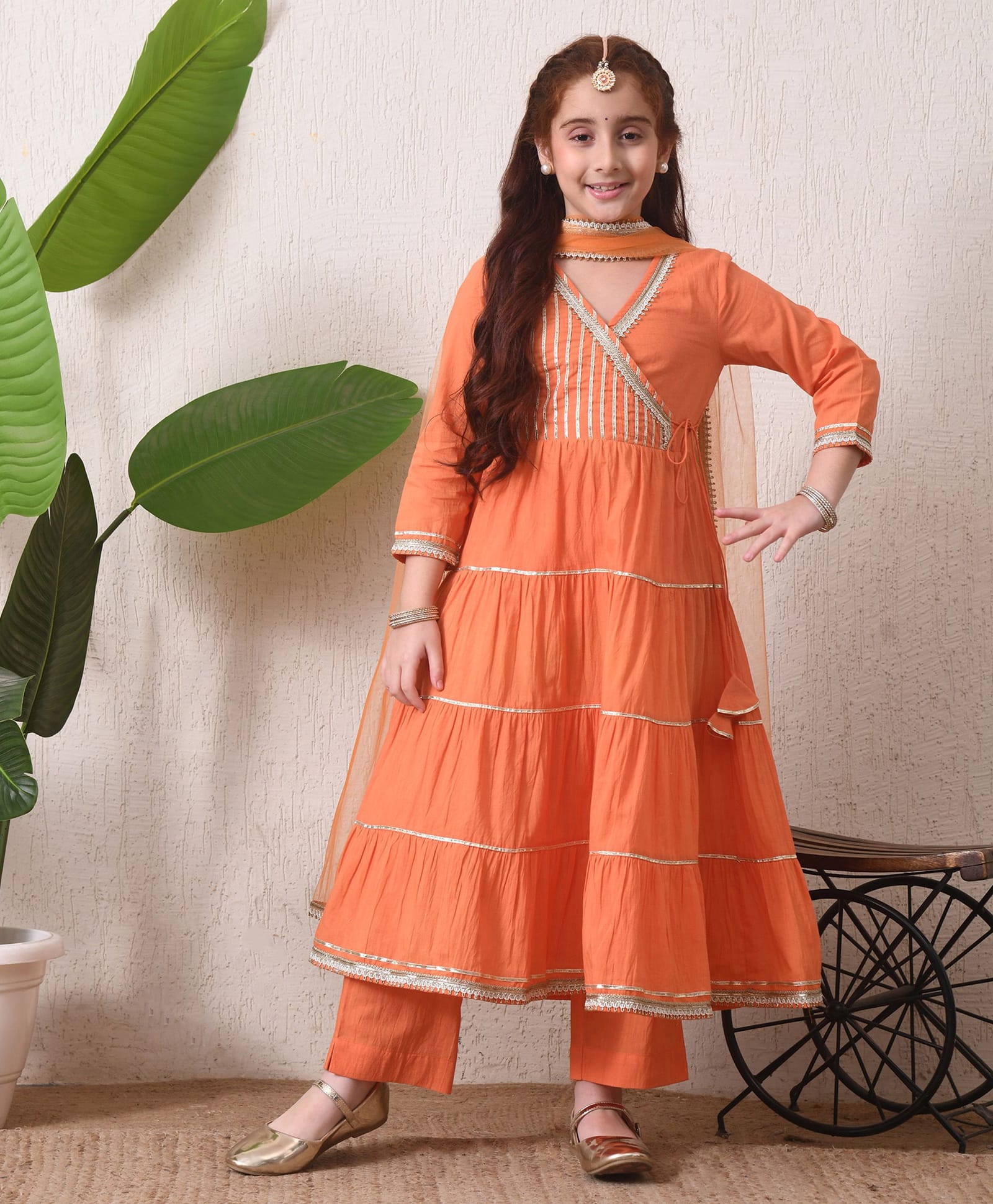 INDI-LOOM COUTURE Cotton Woven full Sleeves Gota Lace Embellished Angrakha Kurti Pant Set With Dupatta - Orange-image-15