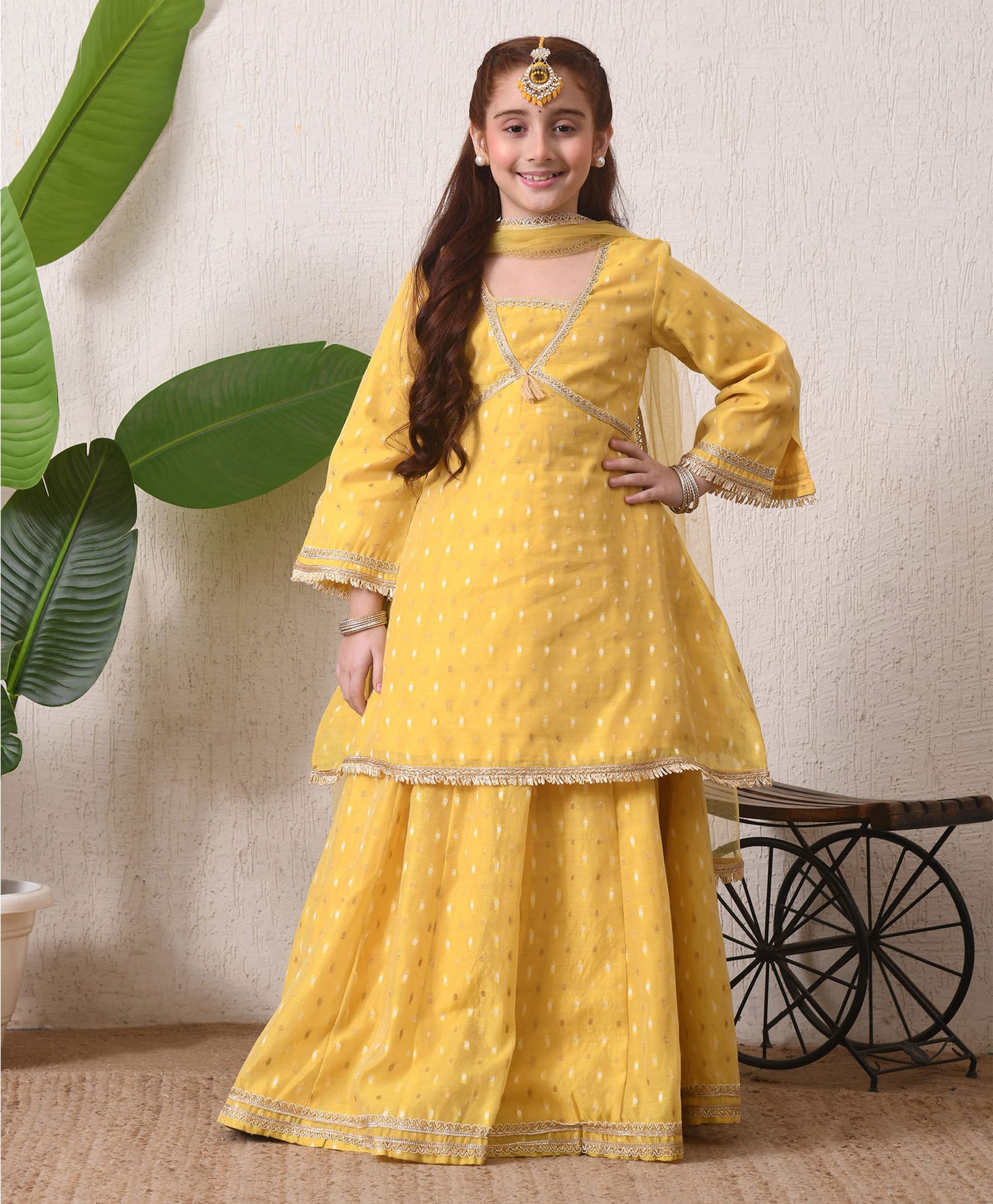 INDI-LOOM COUTURE Silk Woven Full Sleeves Gota Lace Embellished & Ethnic Motif Embroidered Kurti Lehenga Set WIth Dupatta - Yellow-image-19