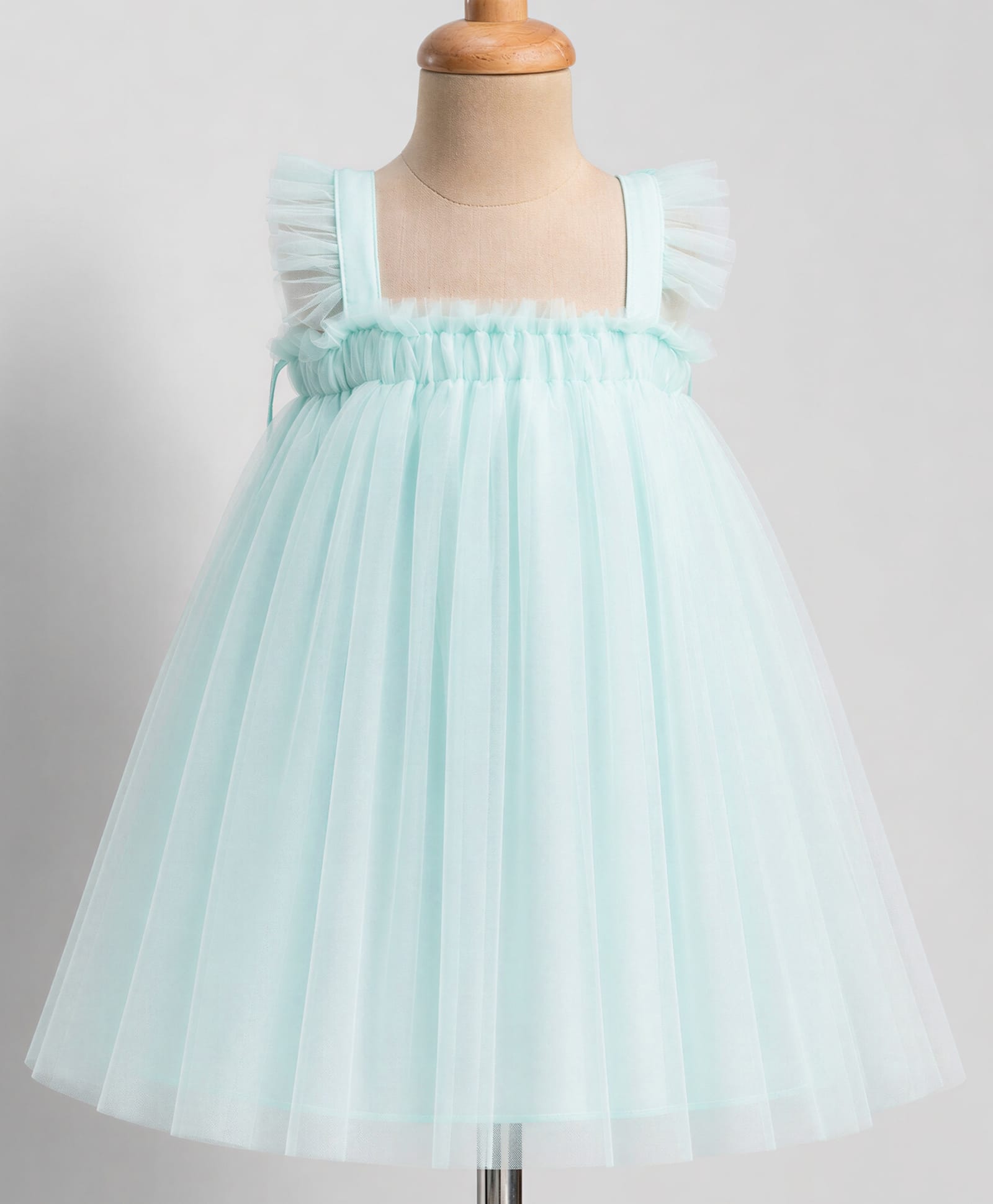 Babyhug Solid Mesh Woven Sleeveless Party Dress With Sequins Embroidered Applique Butterfly at Back - Mint-image-32
