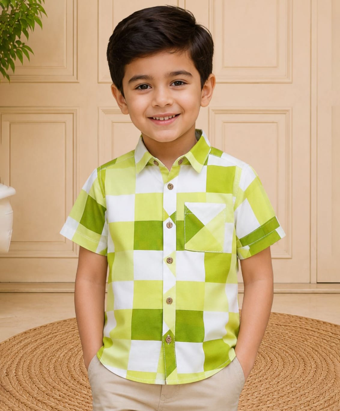 Lil' Drama Rayon Woven Half Sleeves Checked Shirt - Green-image-35